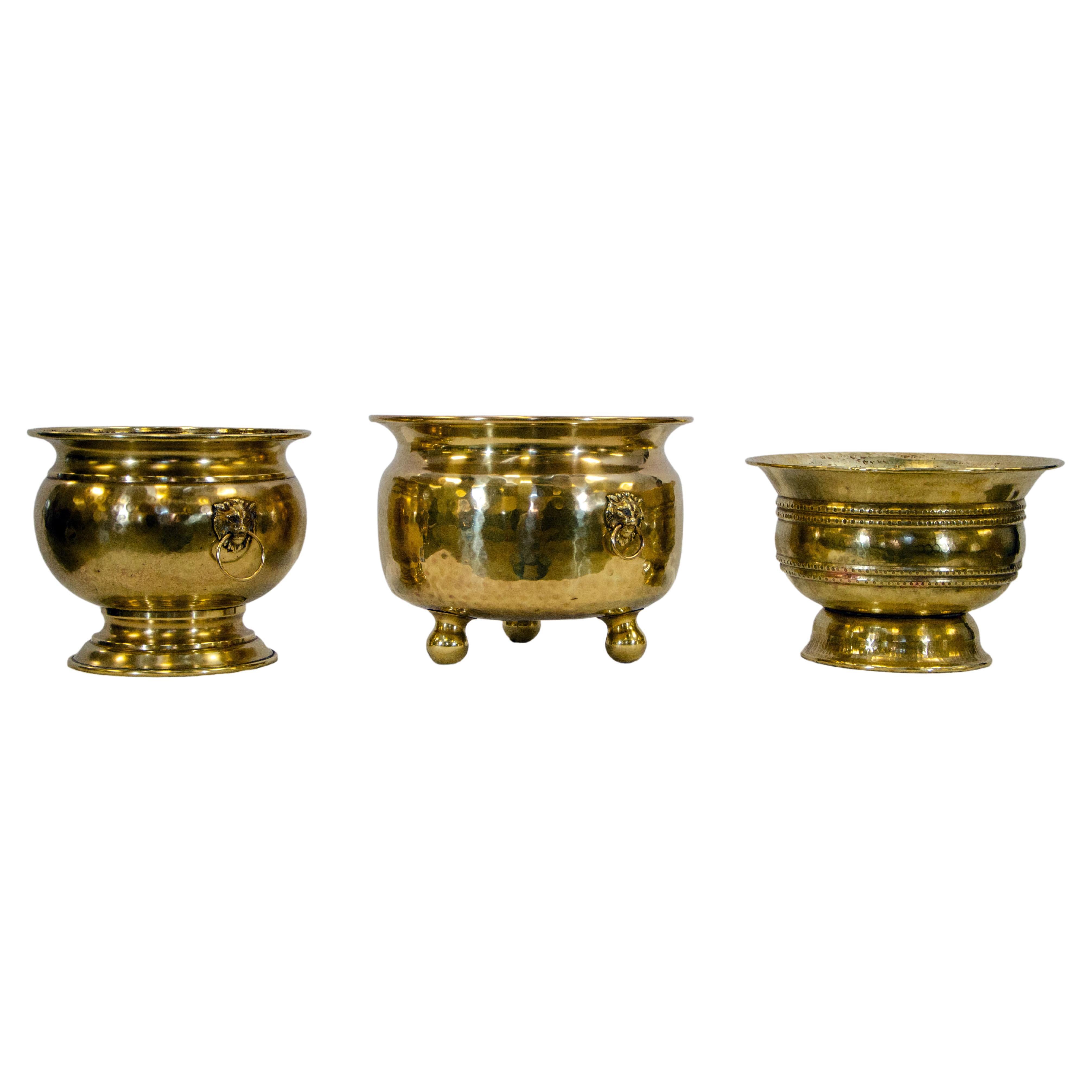 Collection of 3 Hammered Brass Jardinières, Cache Pot, Planters For Sale