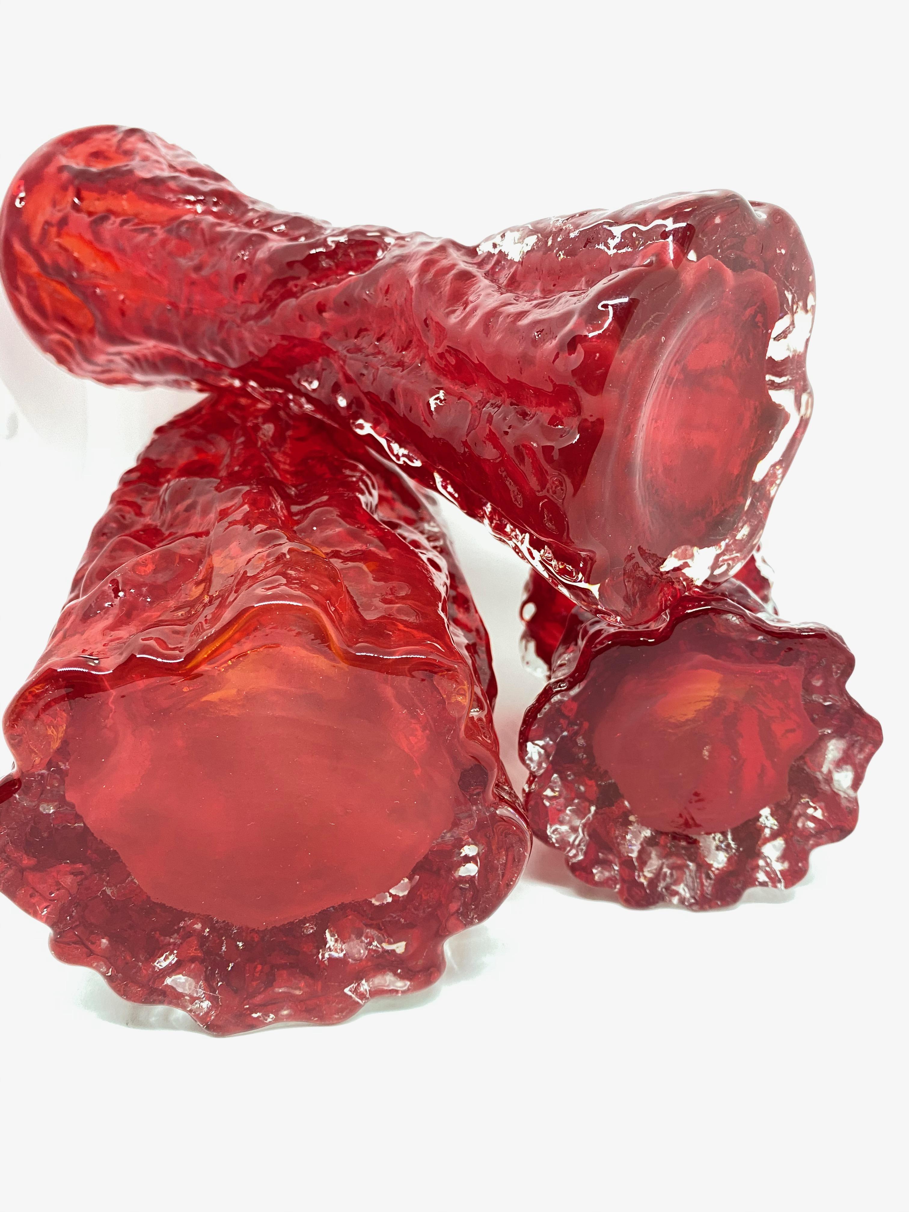 Late 20th Century Collection of 3 Ingrid Glass Tree Bark Vases in Deep Red Color, 1970s
