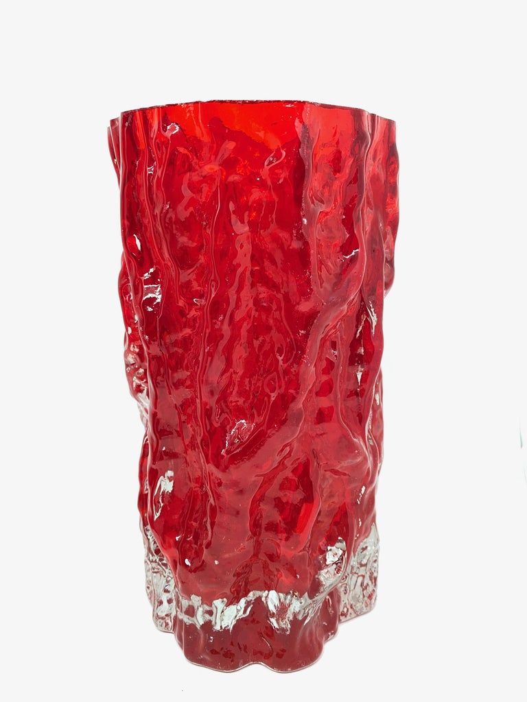 Mid-Century Modern Collection of 3 Ingrid Glass Tree Bark Vases in Deep Red Color, 1970s For Sale