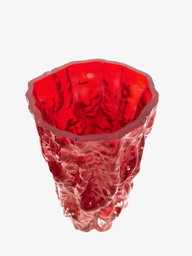 German Collection of 3 Ingrid Glass Tree Bark Vases in Deep Red Color, 1970s For Sale