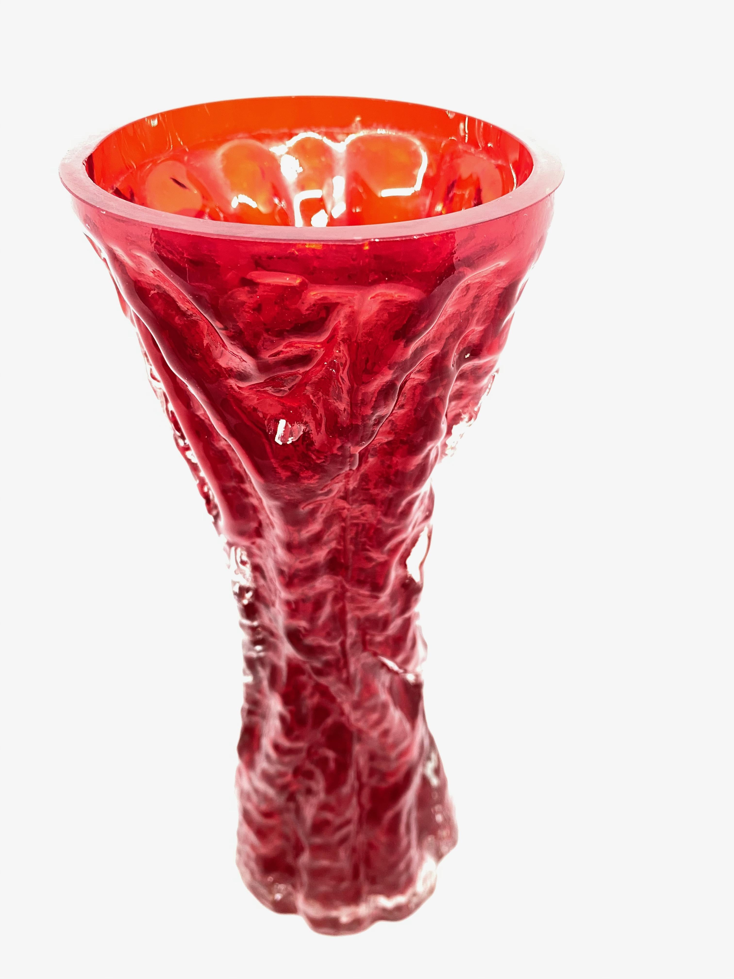 Mid-Century Modern Collection of 3 Ingrid Glass Tree Bark Vases in Deep Red Color, 1970s