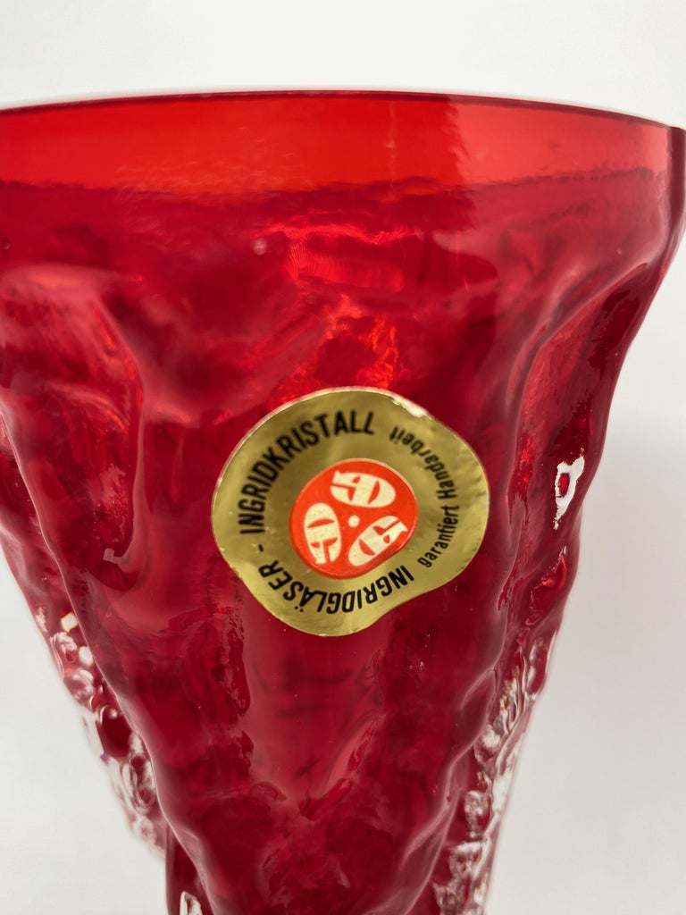 Late 20th Century Collection of 3 Ingrid Glass Tree Bark Vases in Deep Red Color, 1970s For Sale