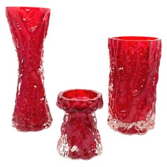 Collection of 3 Ingrid Glass Tree Bark Vases in Deep Red Color, 1970s