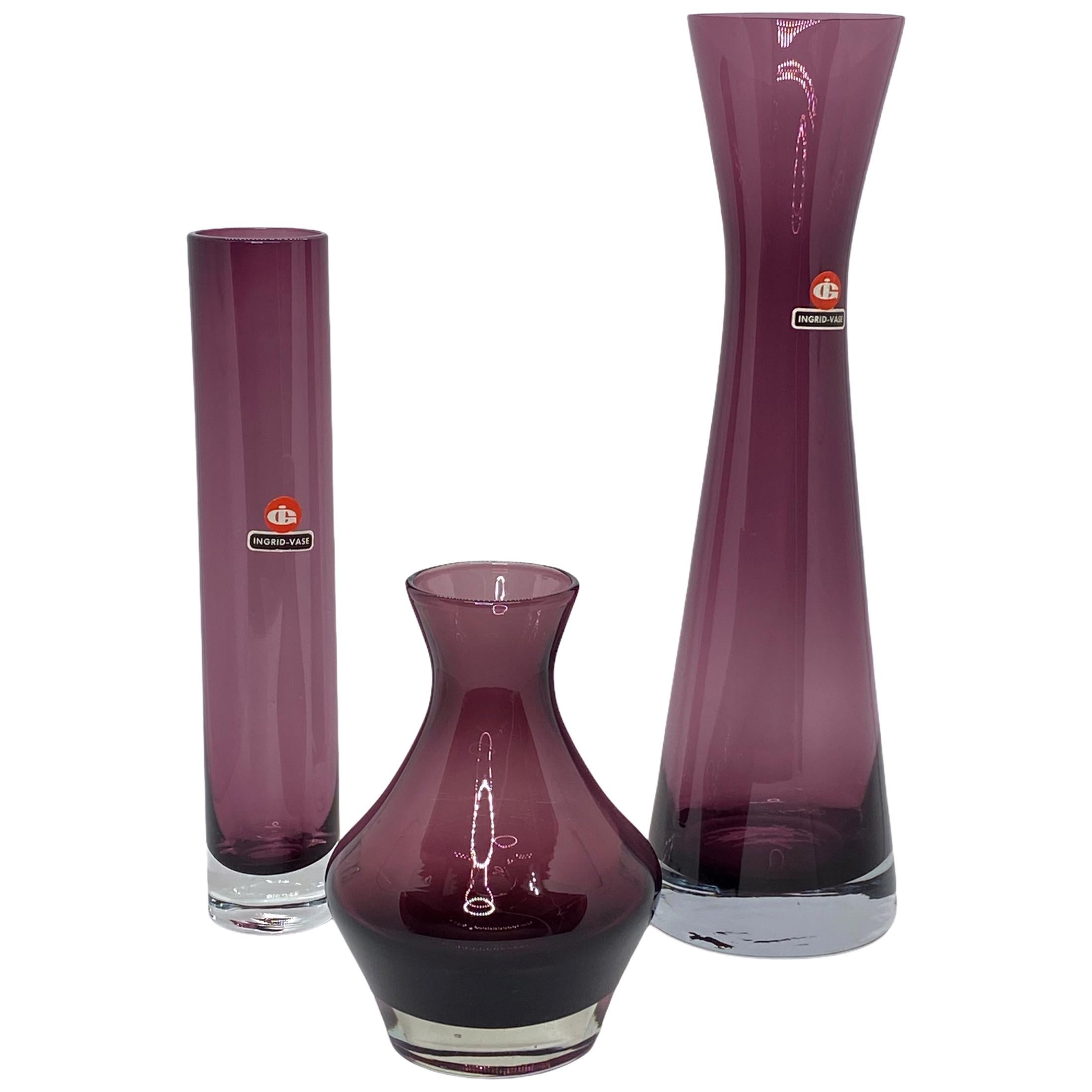 Collection of 3 Ingrid Glass Vases in Purple Color, 1970s
