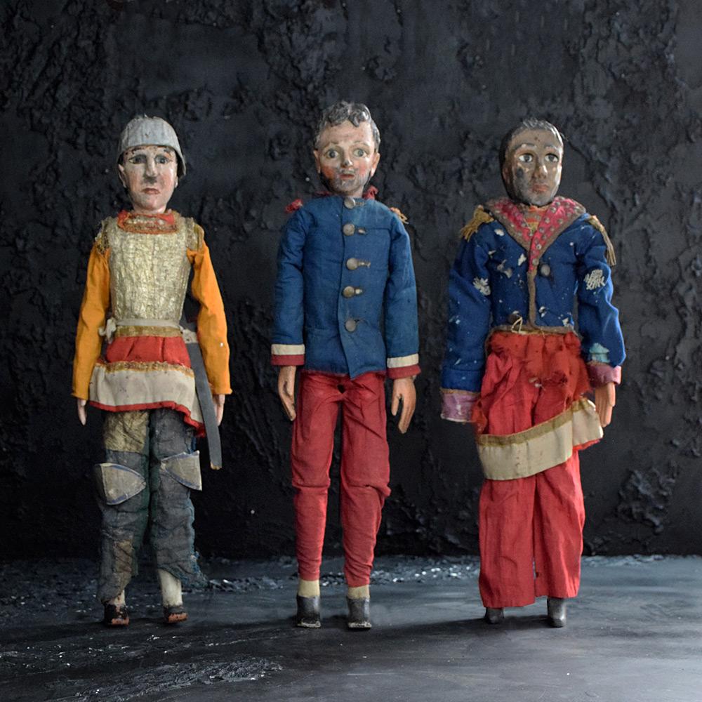 Collection of 3 Italian 19th century Marionettes 

A fantastic set of 3 19th century hand crafted marionette puppets. All with original cotton, silk and valour clothing intact, hand carved pine articulated sections and painted detail. One of the