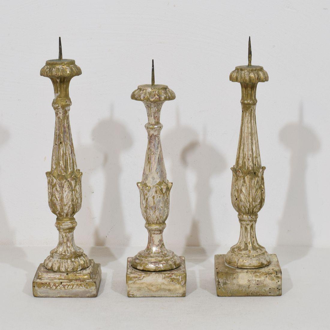 Wood Collection Of 3 Late 18th Century Italian Neoclassical Candleholders For Sale