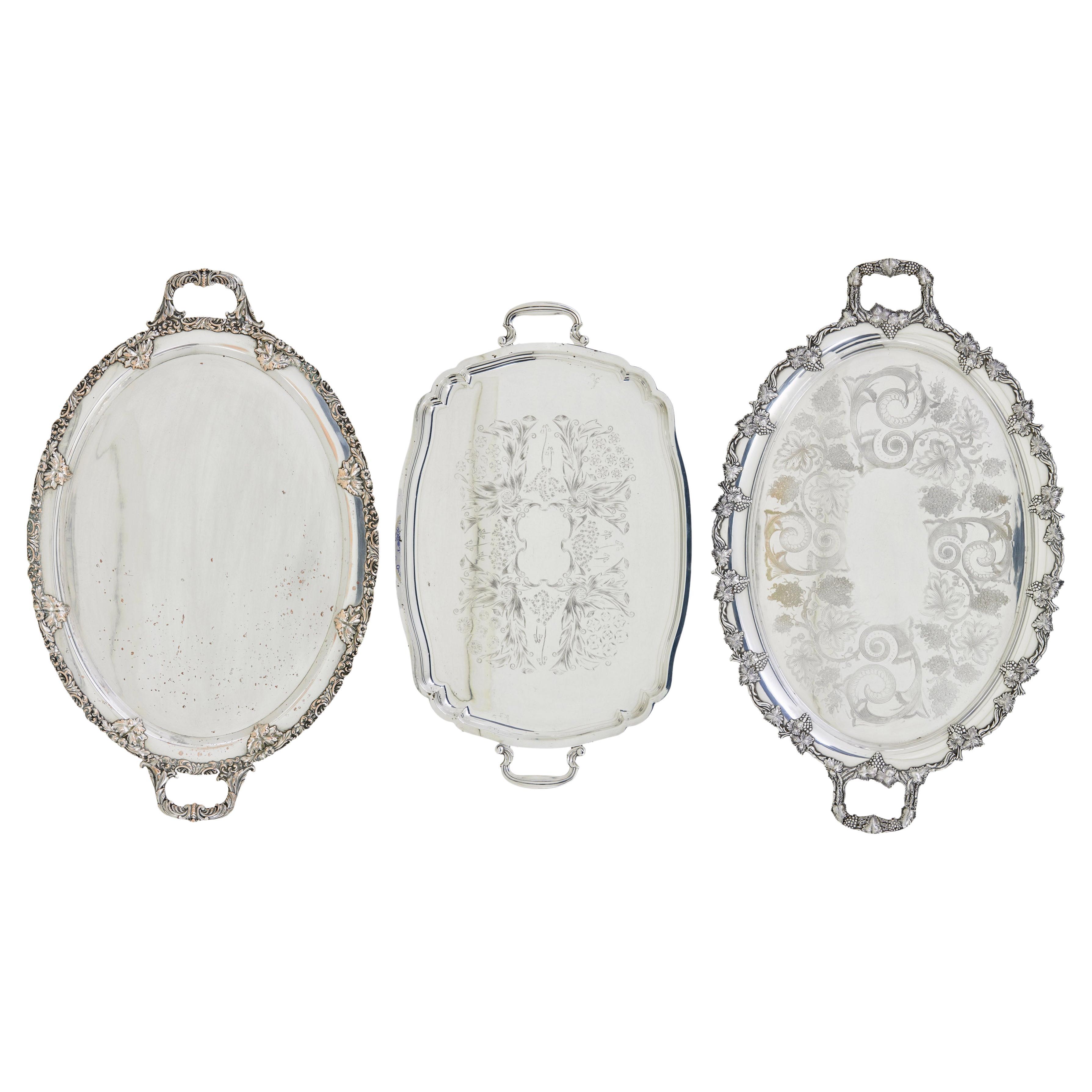 Collection of 3 silver plate ornate trays For Sale