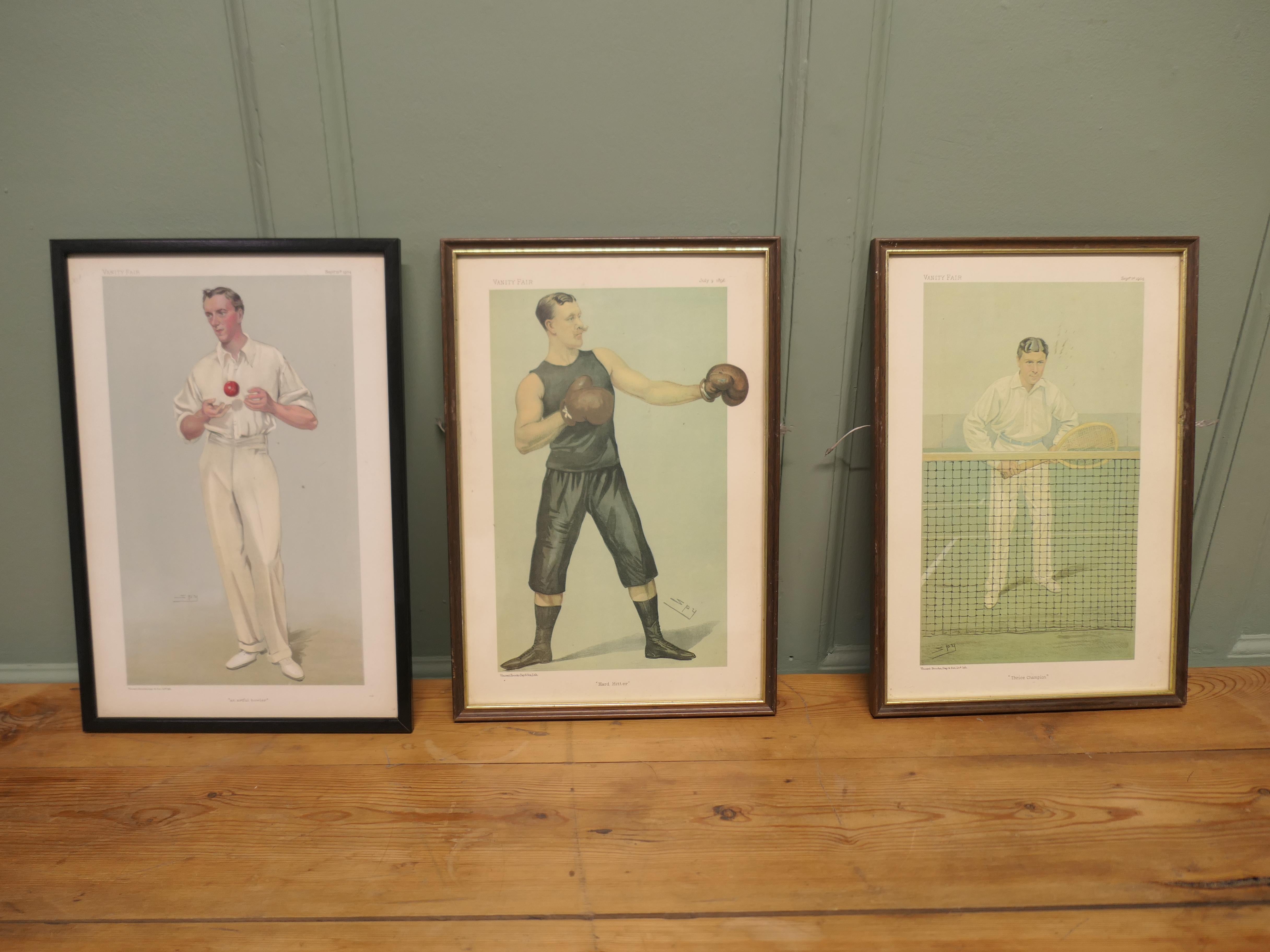 Collection of 3 Vanity Fair Sport Themed “Spy” Prints

A rare collection of original coloured lithograph prints the earliest dating from 1896 to 1904, mounted and glazed in Black frames 
“An artful bowler”, “Hard Hitter”  and “Thrice Champion”
The