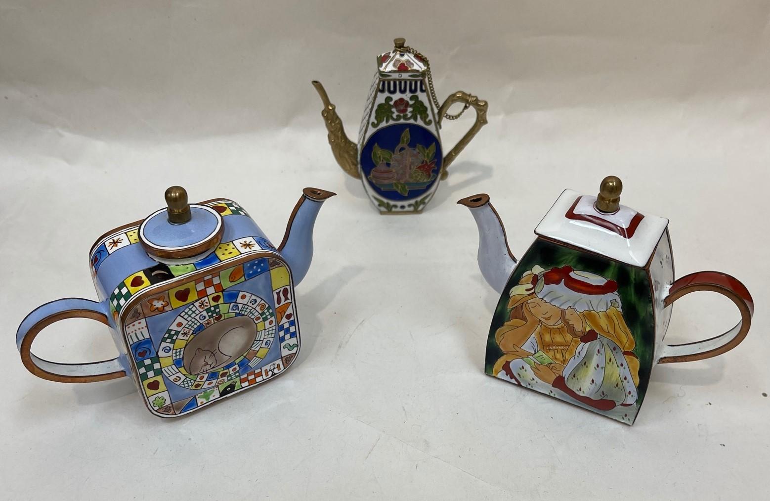 Collection of 3 Beautiful vintage Enamel Cloisonné Miniature teapots. Each mini teapot enameled on copper and hand painted. A perfect gift for a special someone!