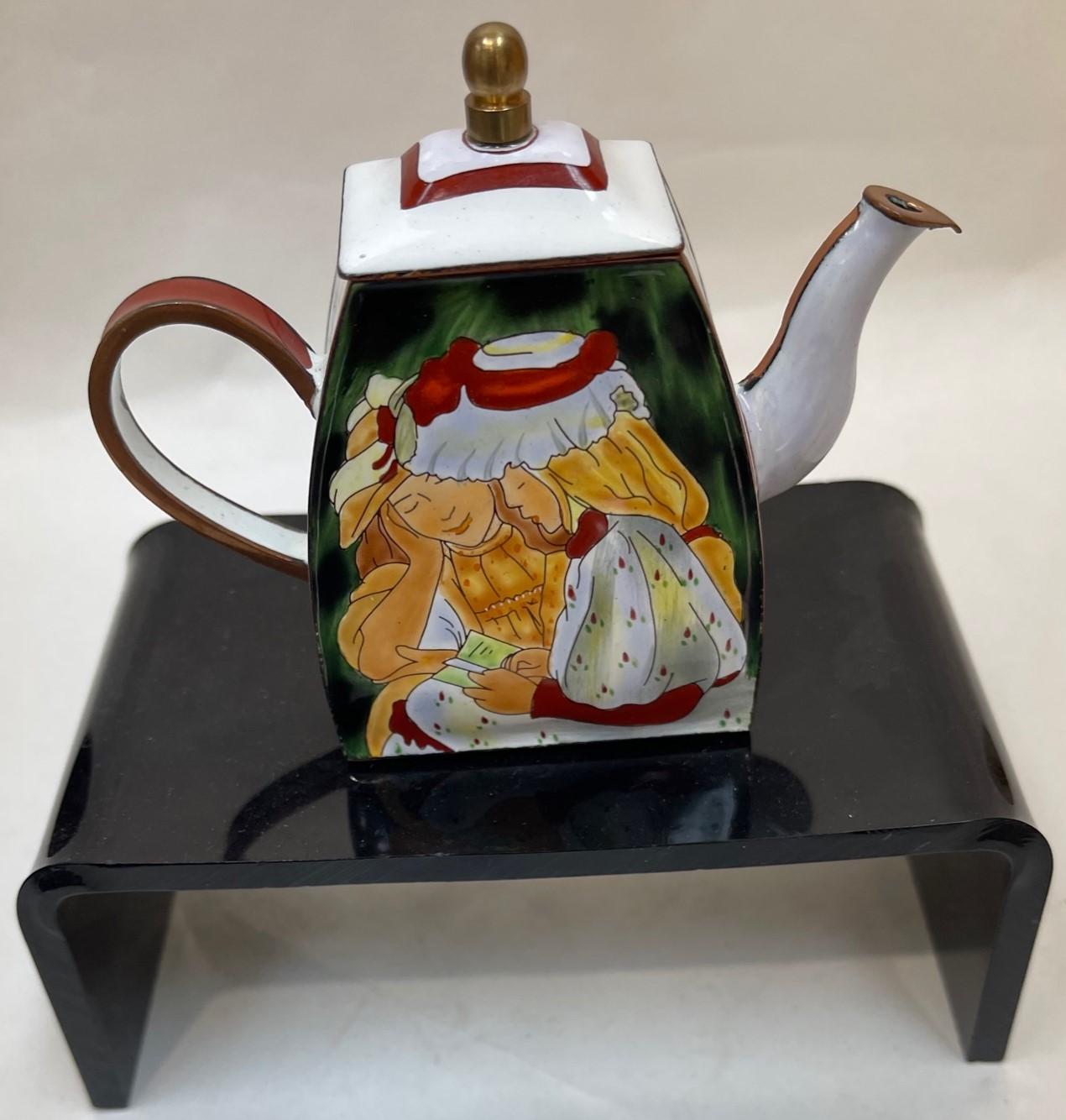 Mid-Century Modern Collection of 3 Vintage Enamel Cloisonné Miniature Hand Painted Teapots