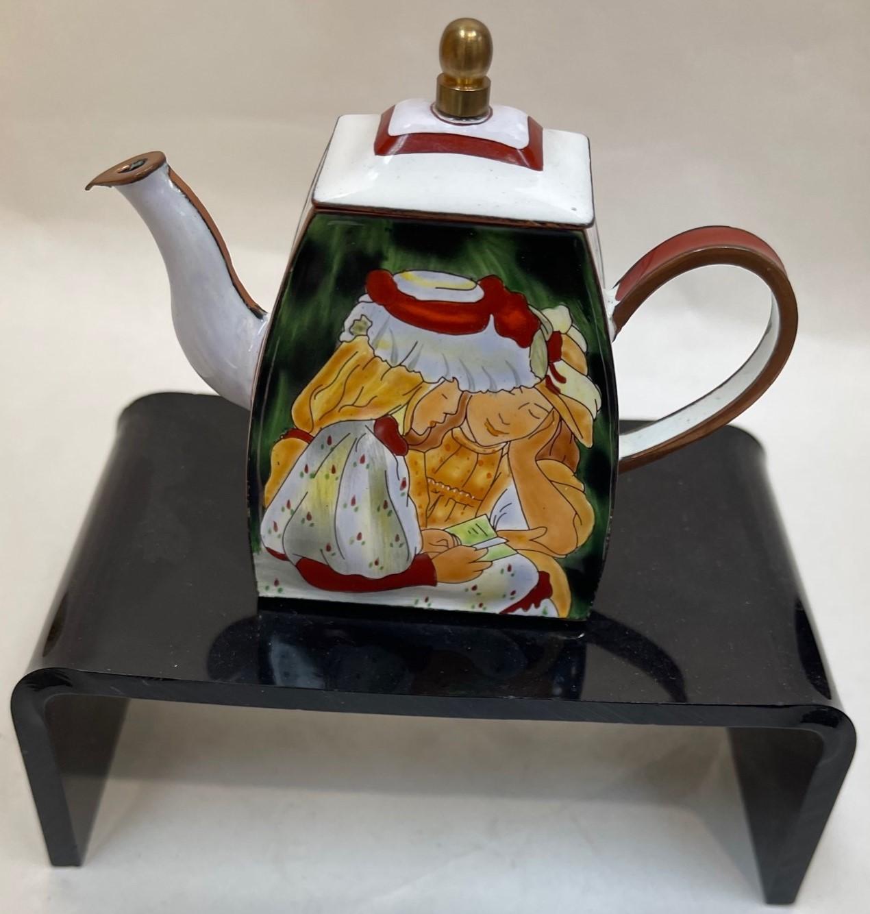 20th Century Collection of 3 Vintage Enamel Cloisonné Miniature Hand Painted Teapots