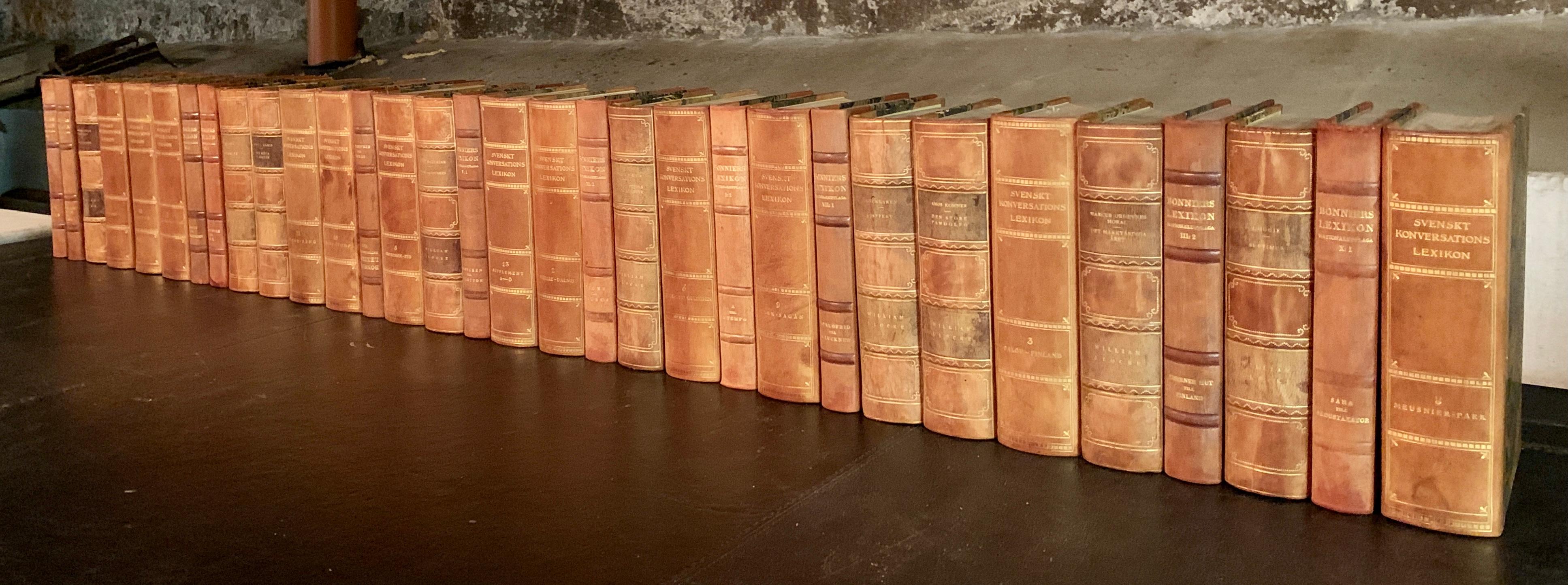 British Colonial Collection of 32 Scandinavian Antique Leather-Bound Books