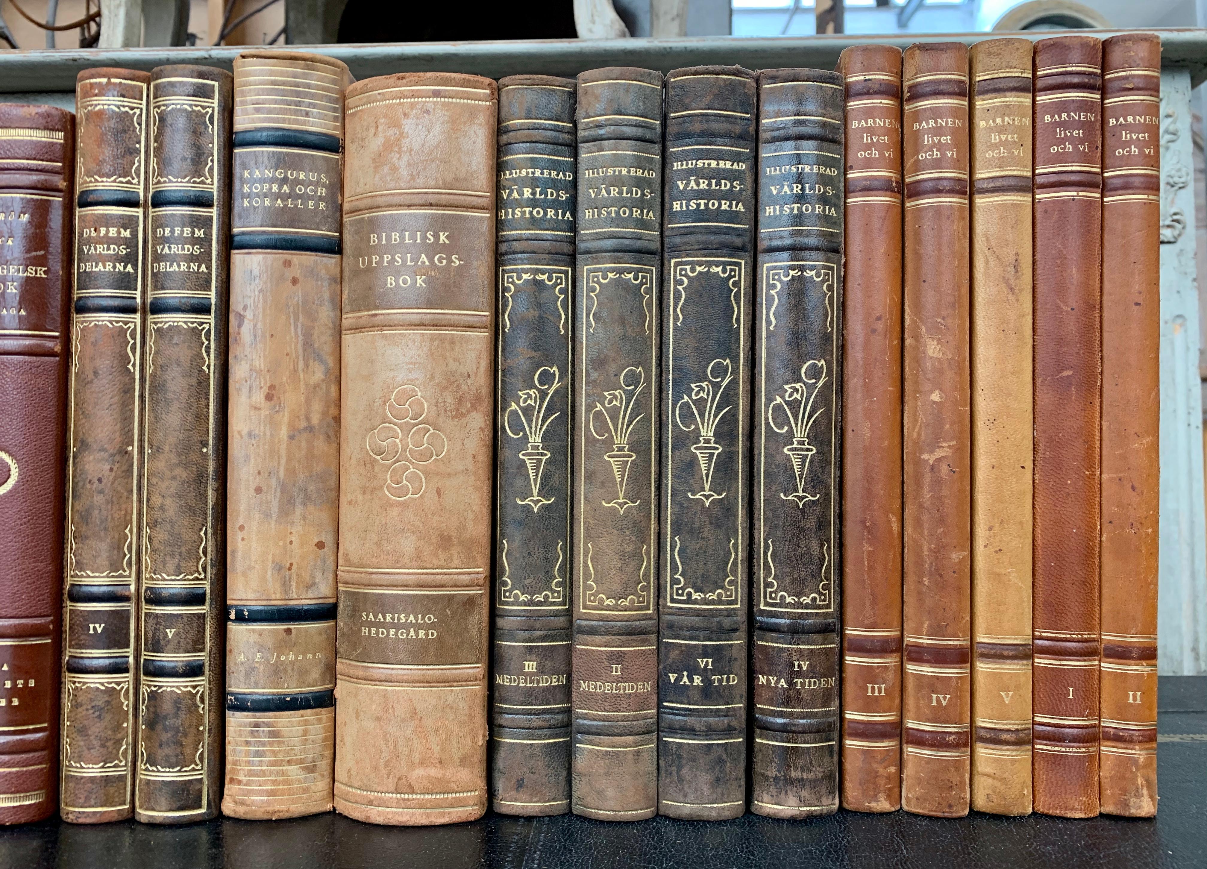 20th Century Collection of 34 Scandinavian Antique Leather-Bound Books