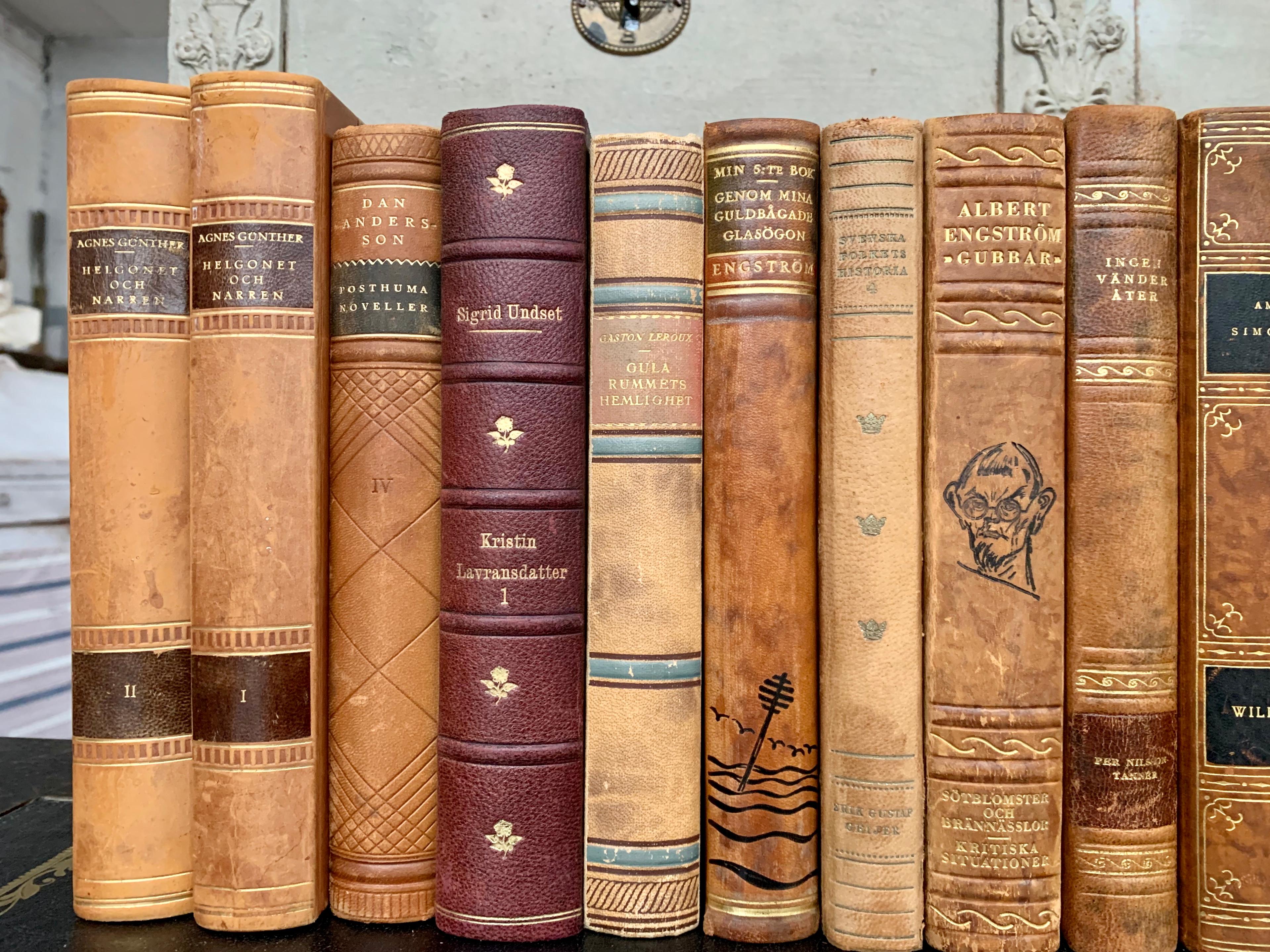 Collection Of 38 Scandinavian Antique Leather-Bound Books In Good Condition In Haddonfield, NJ