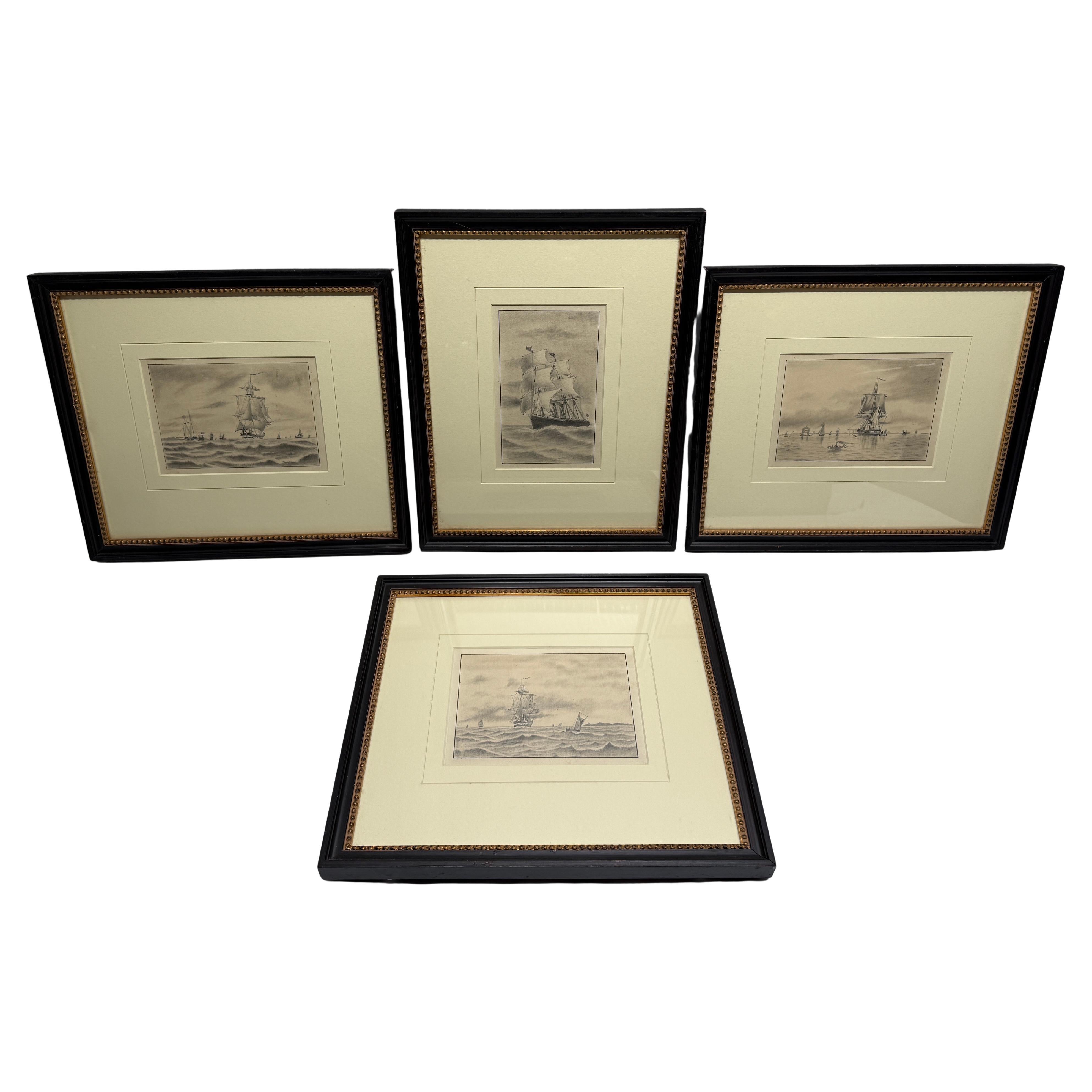 Collectional di 4 antichi disegni in grafite di navi attribuiti a William Bradford