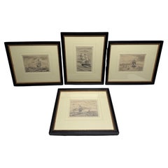 Collection of 4 Antique Ship Graphite Drawings Attributed to William Bradford