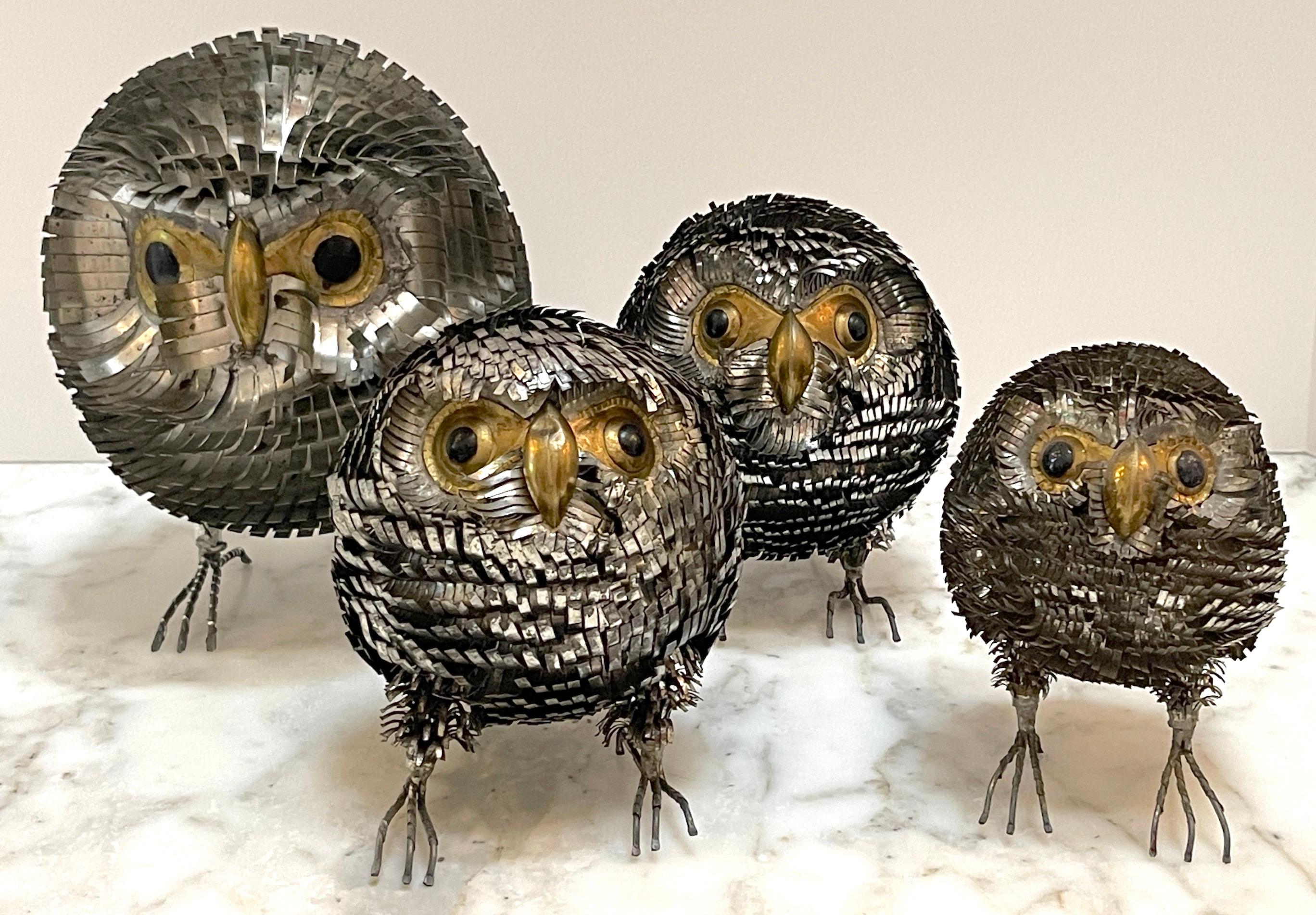 Collection of 4 Brutalist Metal Work Figures of Owls, Attributed  Sergio Bustamante
Mexico, 1970s

We are please to offer an instant collection of four graduating sized brutalist sculptures of owls, attributed to the renowned Mexican artist Sergio