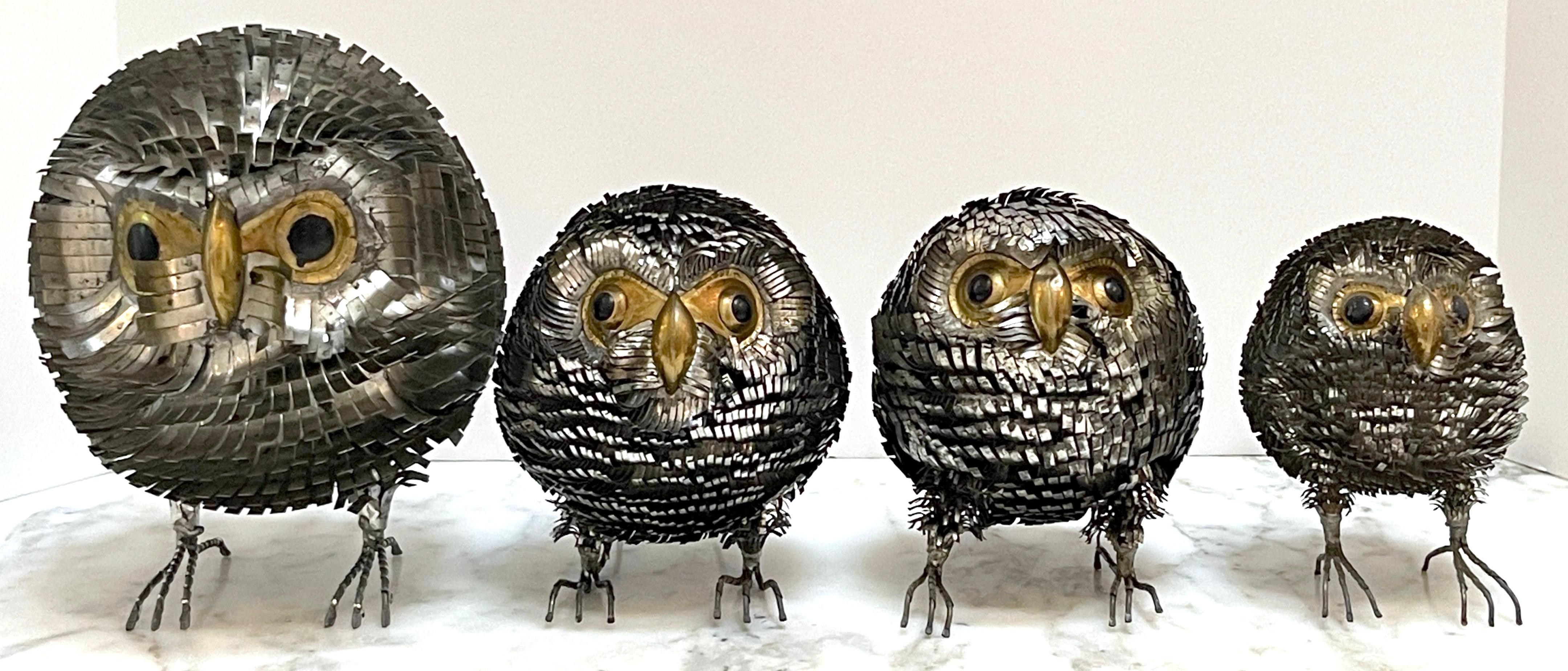 Mexican Collection of 4 Brutalist Metal Work Figures of Owls, Attrib. Sergio Bustamante