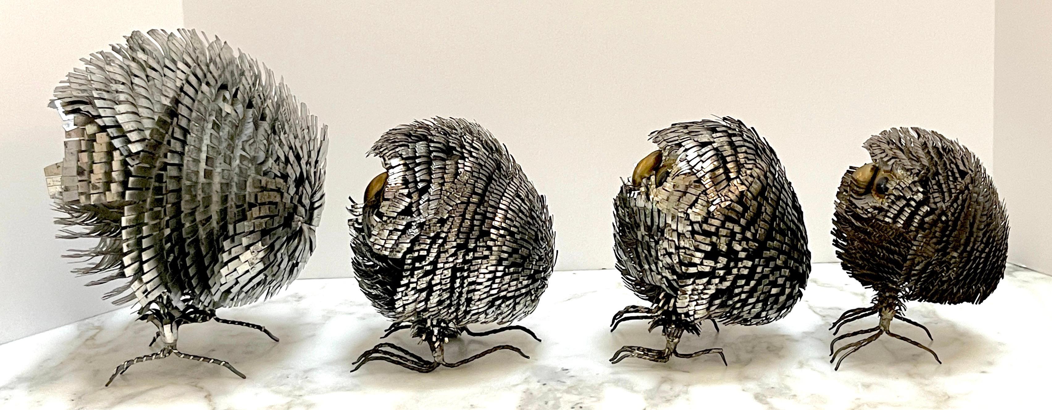 Enameled Collection of 4 Brutalist Metal Work Figures of Owls, Attrib. Sergio Bustamante