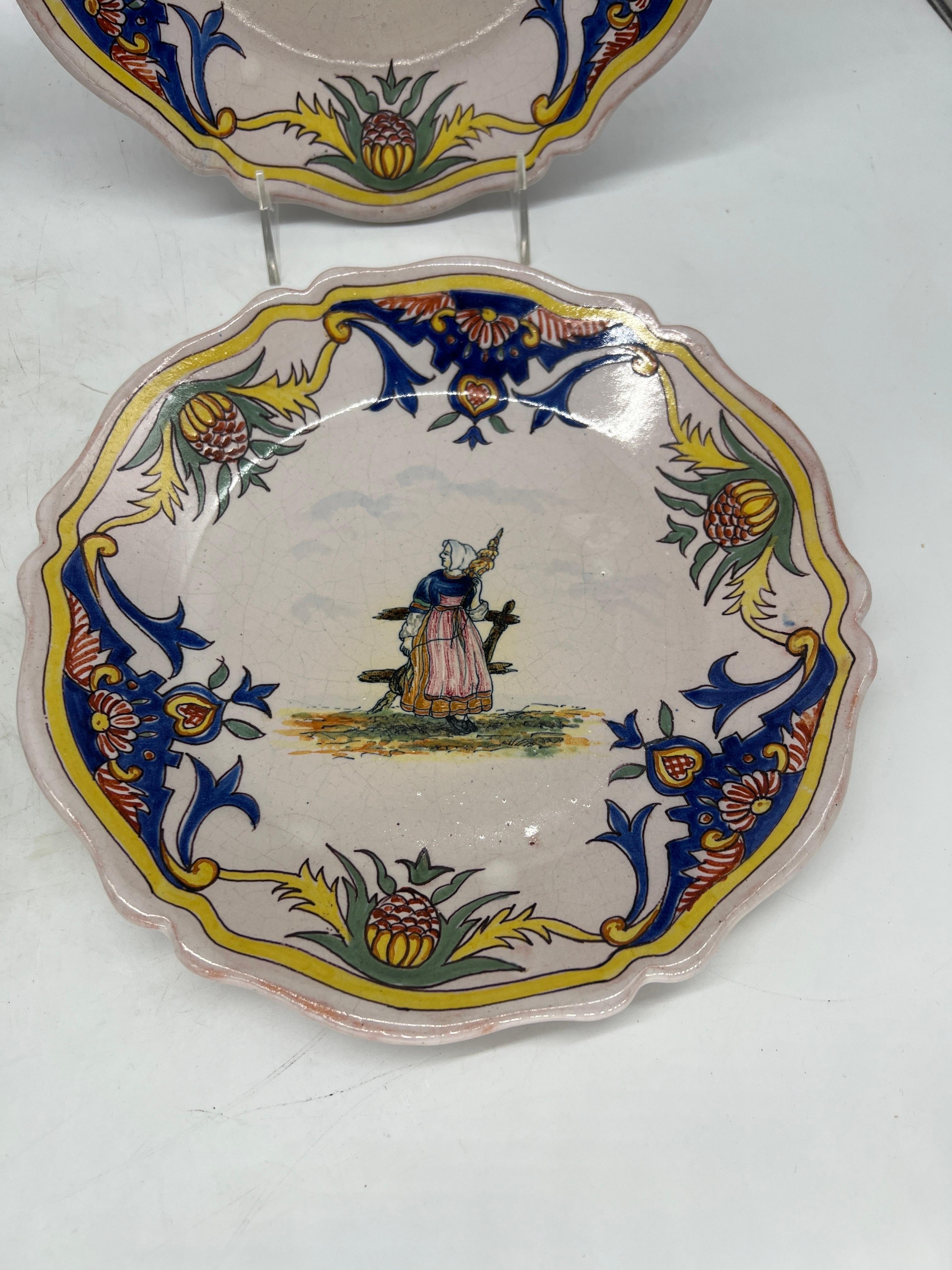 20th Century Collection of 4 French Quimper Faience Pottery Figural Plates For Sale