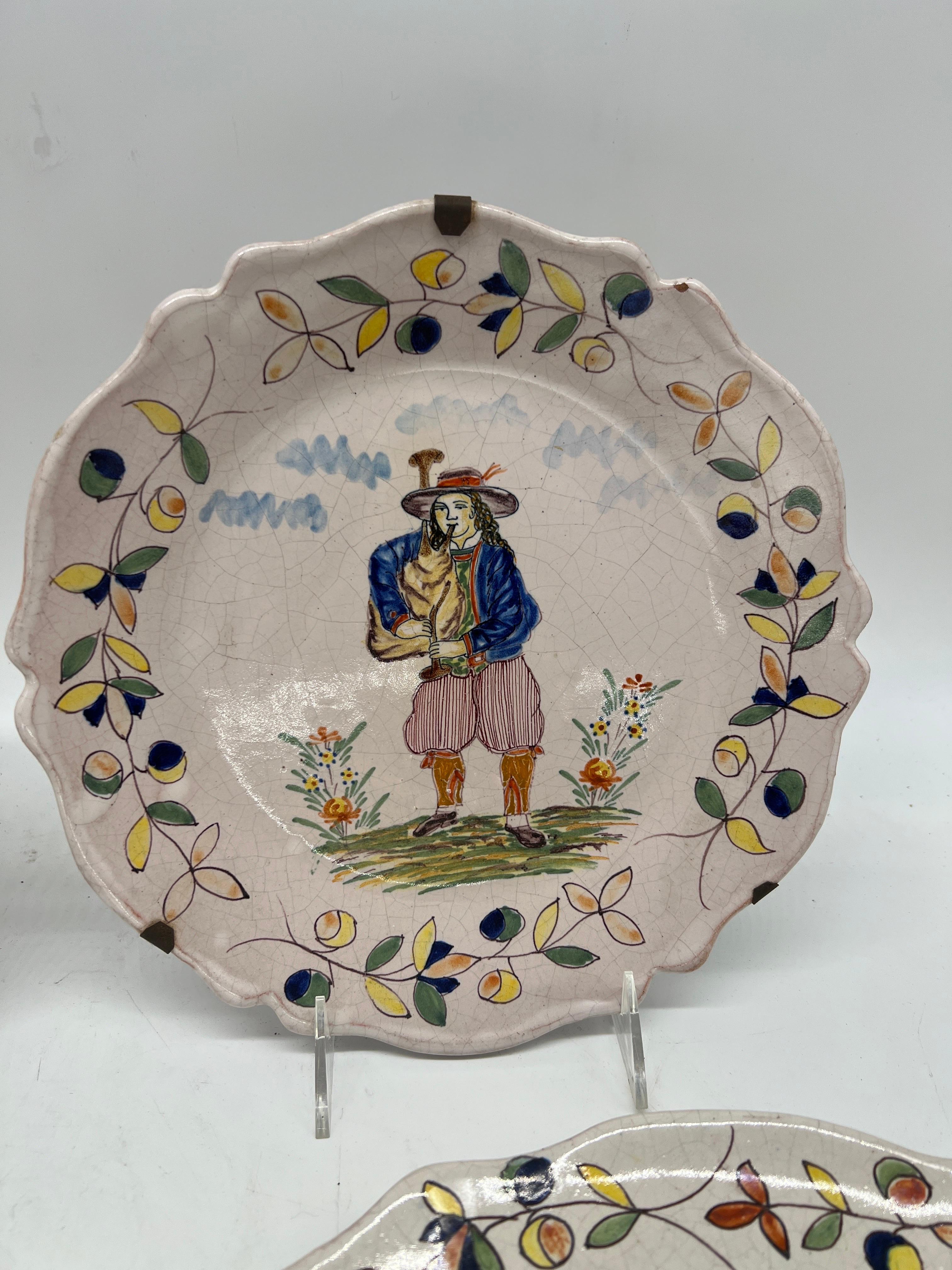 Collection of 4 French Quimper Faience Pottery Figural Plates  For Sale 1