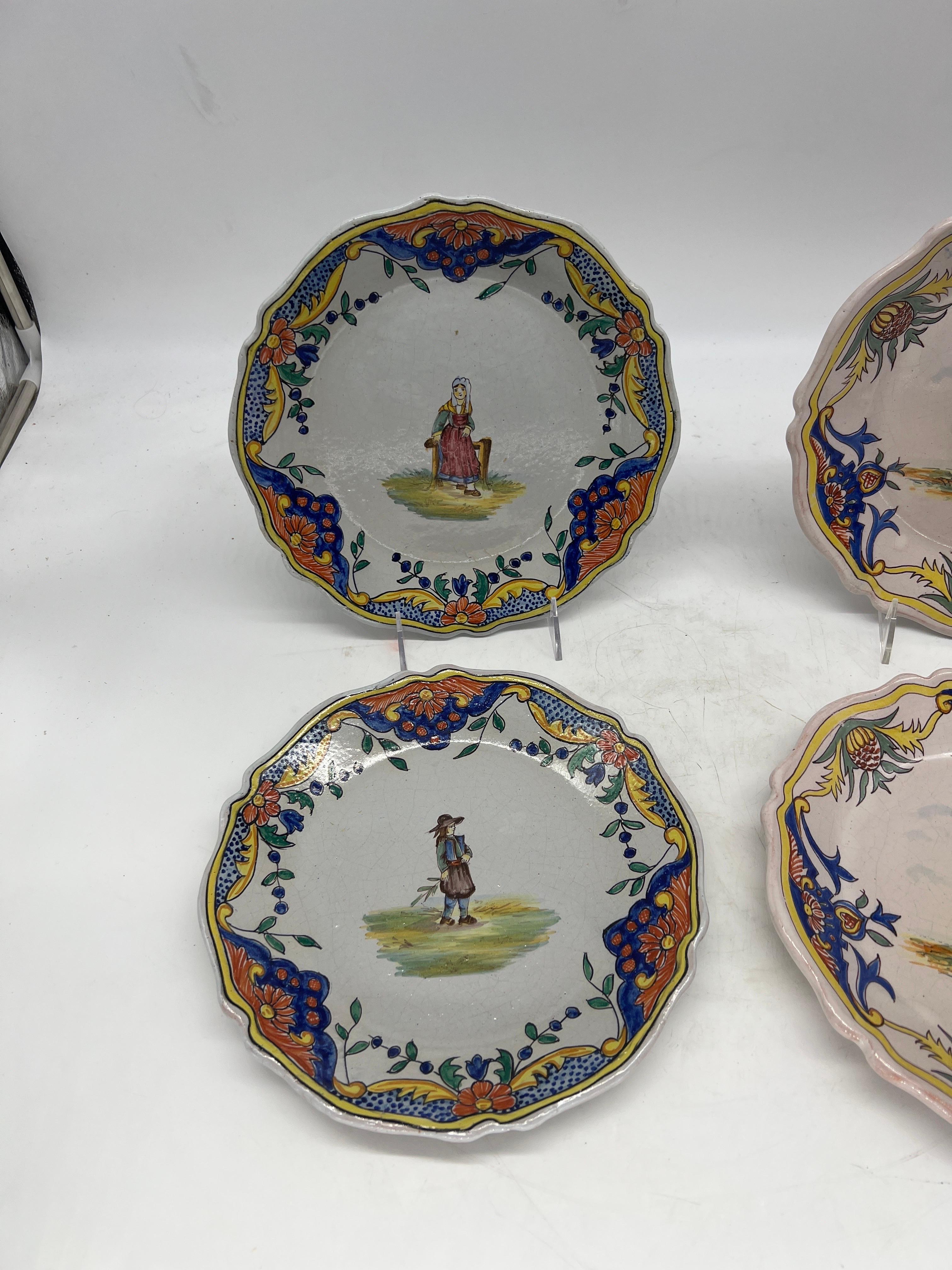 Collection of 4 French Quimper Faience Pottery Figural Plates For Sale 1