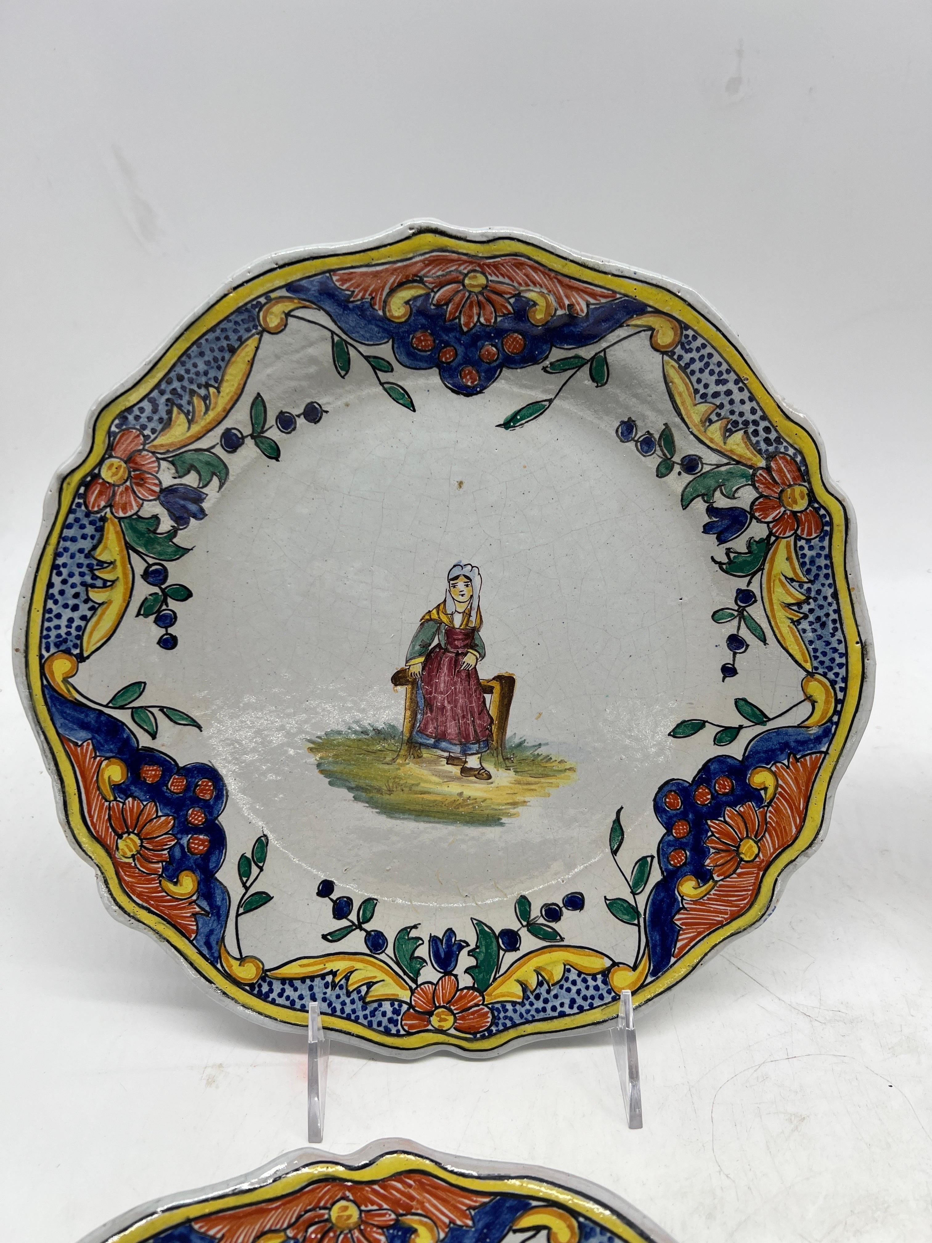 Collection of 4 French Quimper Faience Pottery Figural Plates For Sale 2