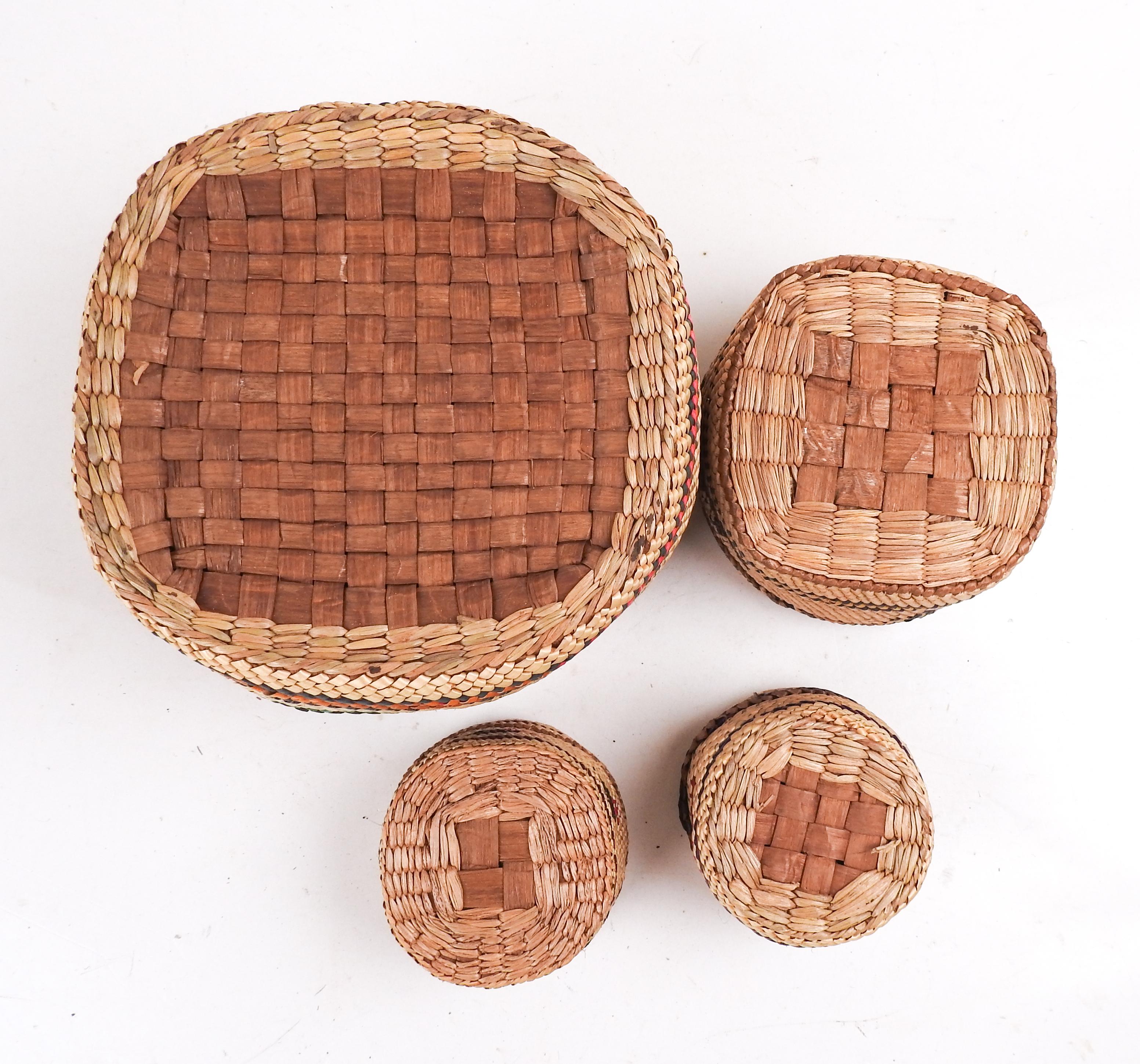 Native American Collection of 4 Makah Lidded Baskets Duck Canoe Motif For Sale