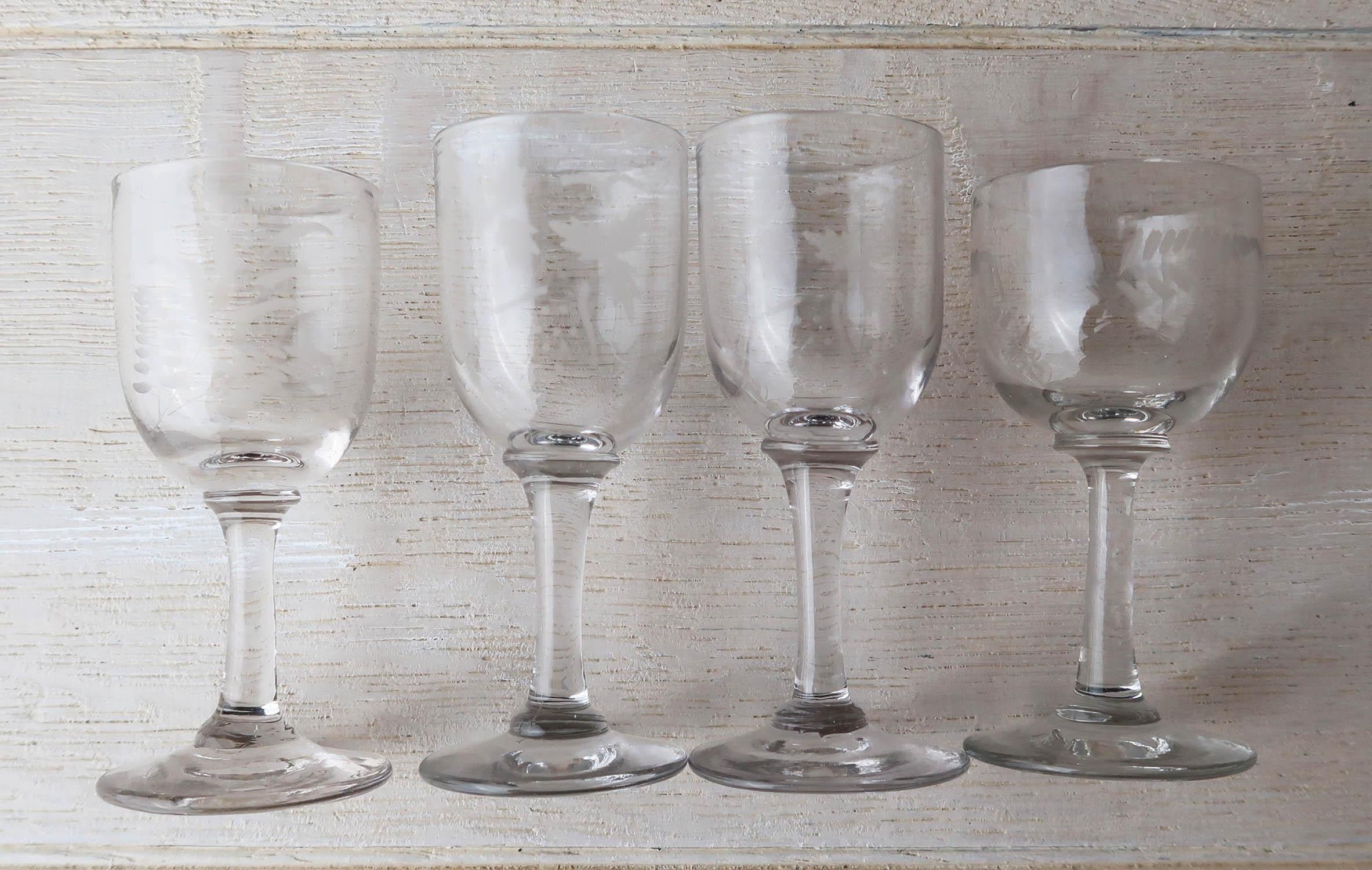 Georgian Collection of 4 small English 19th Century Etched Glasses For Sale