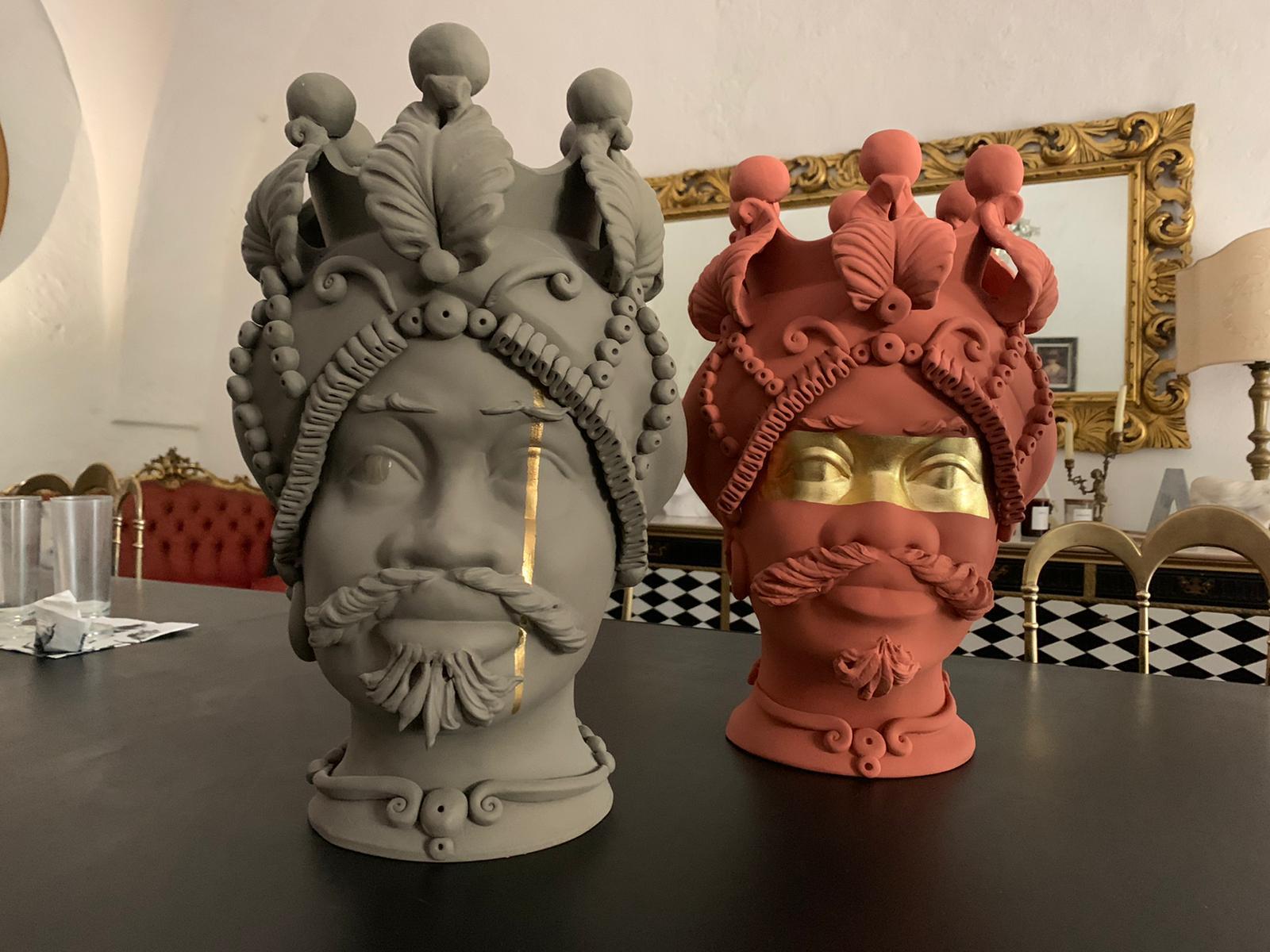 Terracotta Collection of 4 Vases Moor Head, Handmade in Italy, 2019, Unique Design For Sale