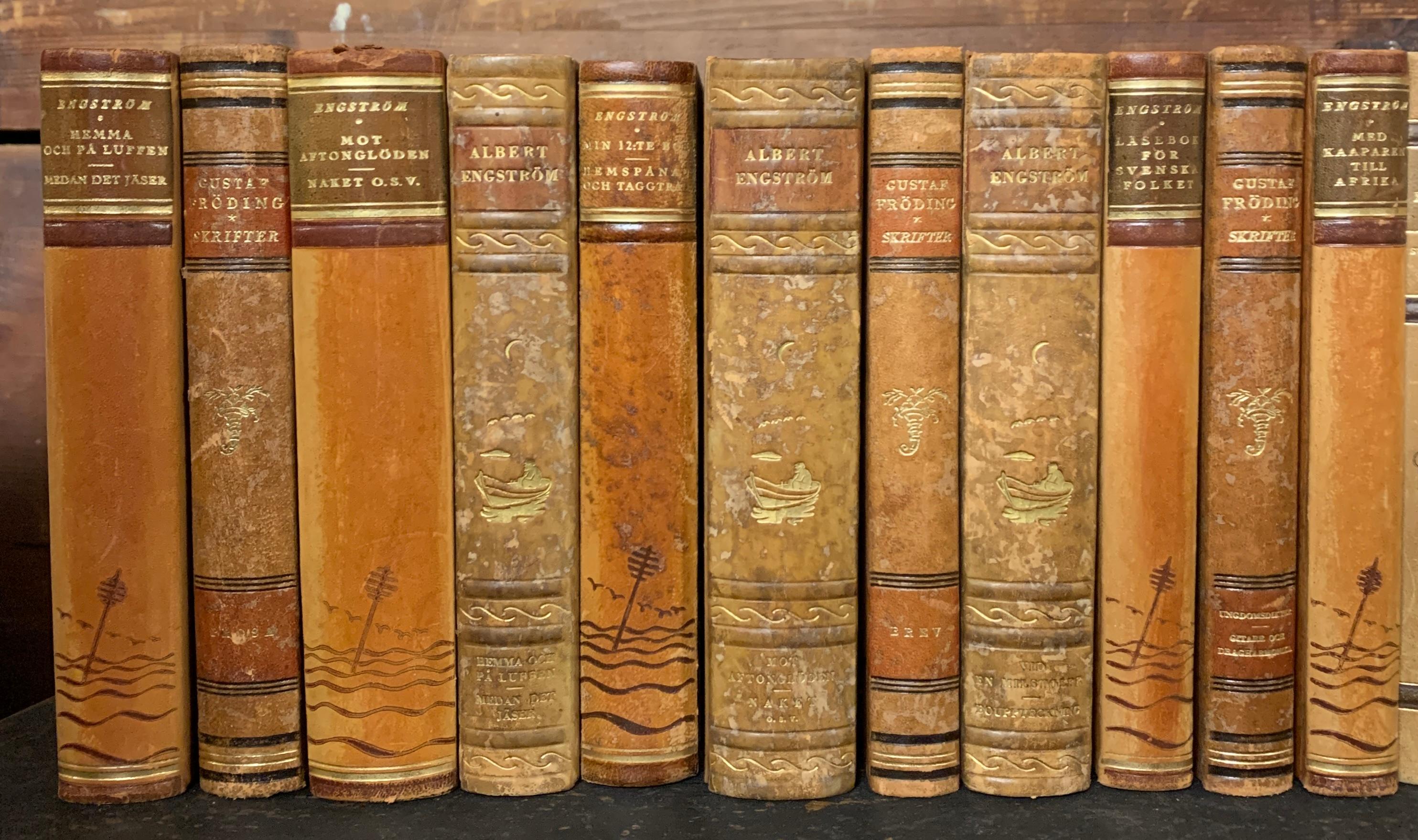 Hand-Crafted Collection of 42 Swedish Early 20th Century Leather-Bound Books For Sale