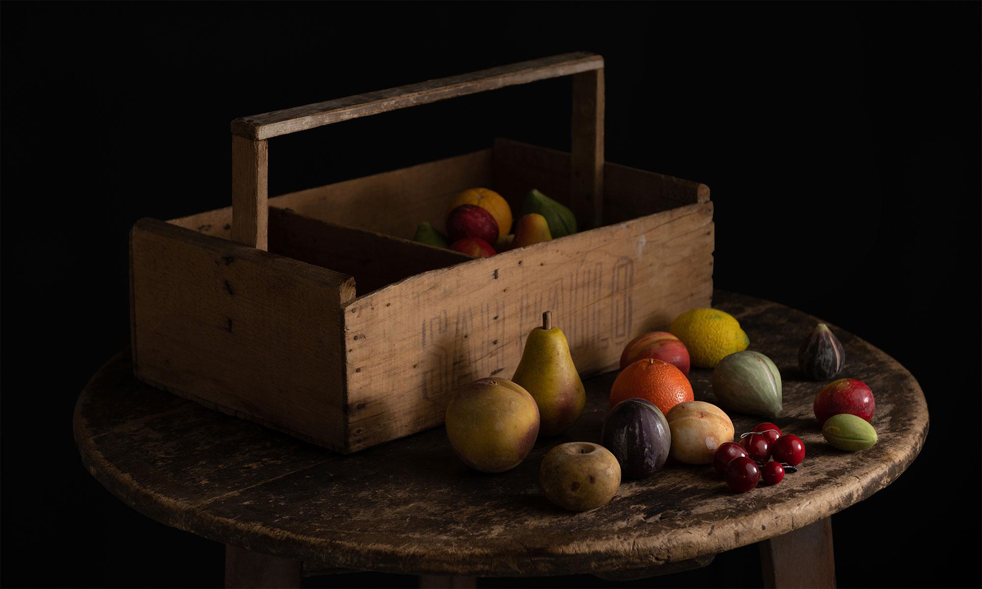 Collection of ( 45 ) Hand Painted Marble Fruit with Wooden Carrier

Italy Circa 1950

Beautiful collection of tromp l'oeil fruit in a vintage fruit basket stamped Sao Paulo. 

The collection is comprised of 2 pears, 4 plums, 4 citrus fruits, 6