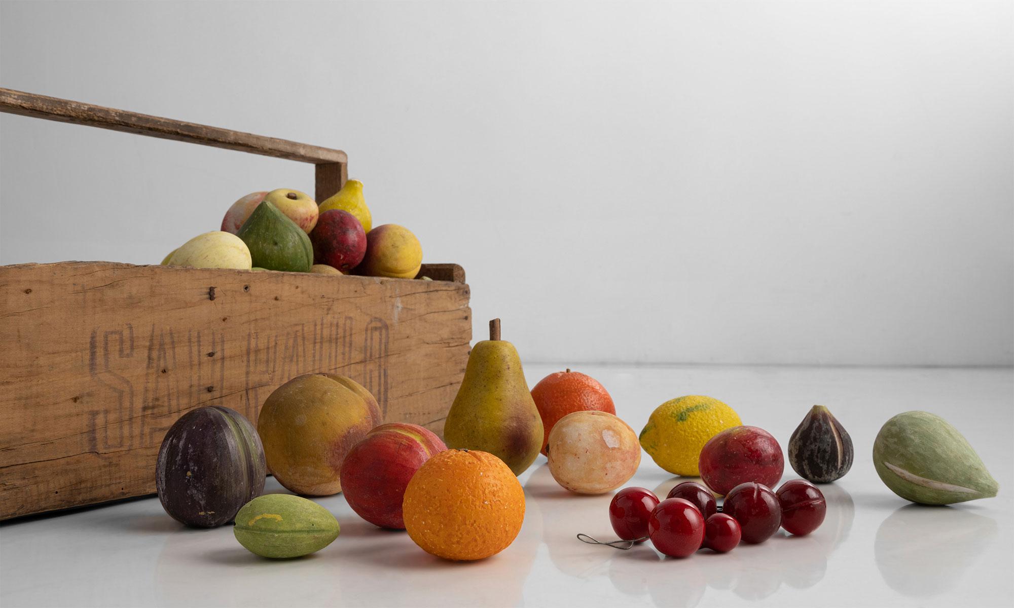 20th Century Collection of ( 45 ) Hand Painted Marble Fruit with Wooden Carrier, Italy circa 