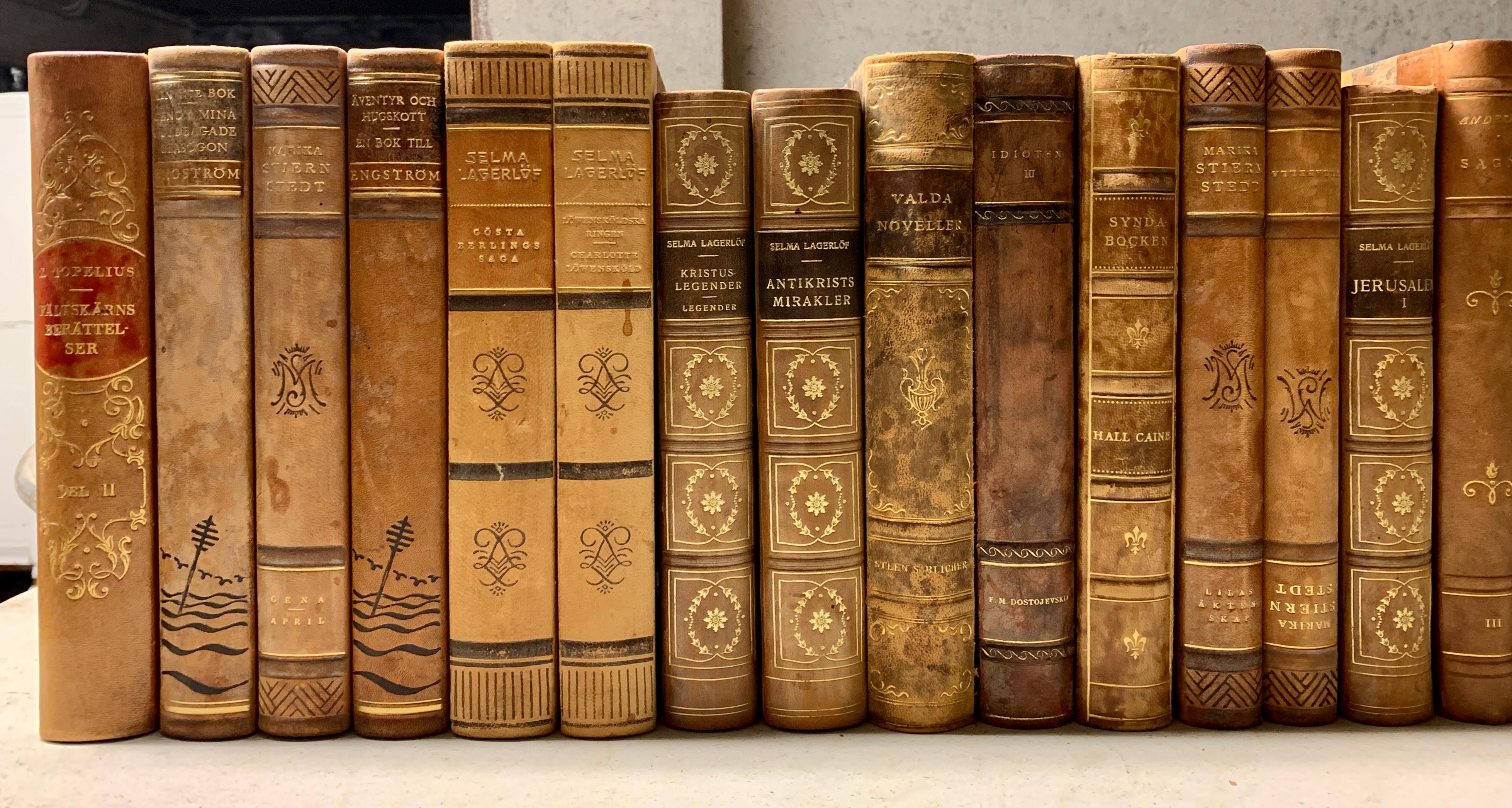 Hand-Crafted Collection of 47 Swedish 20th Century Leather-Bound Books For Sale