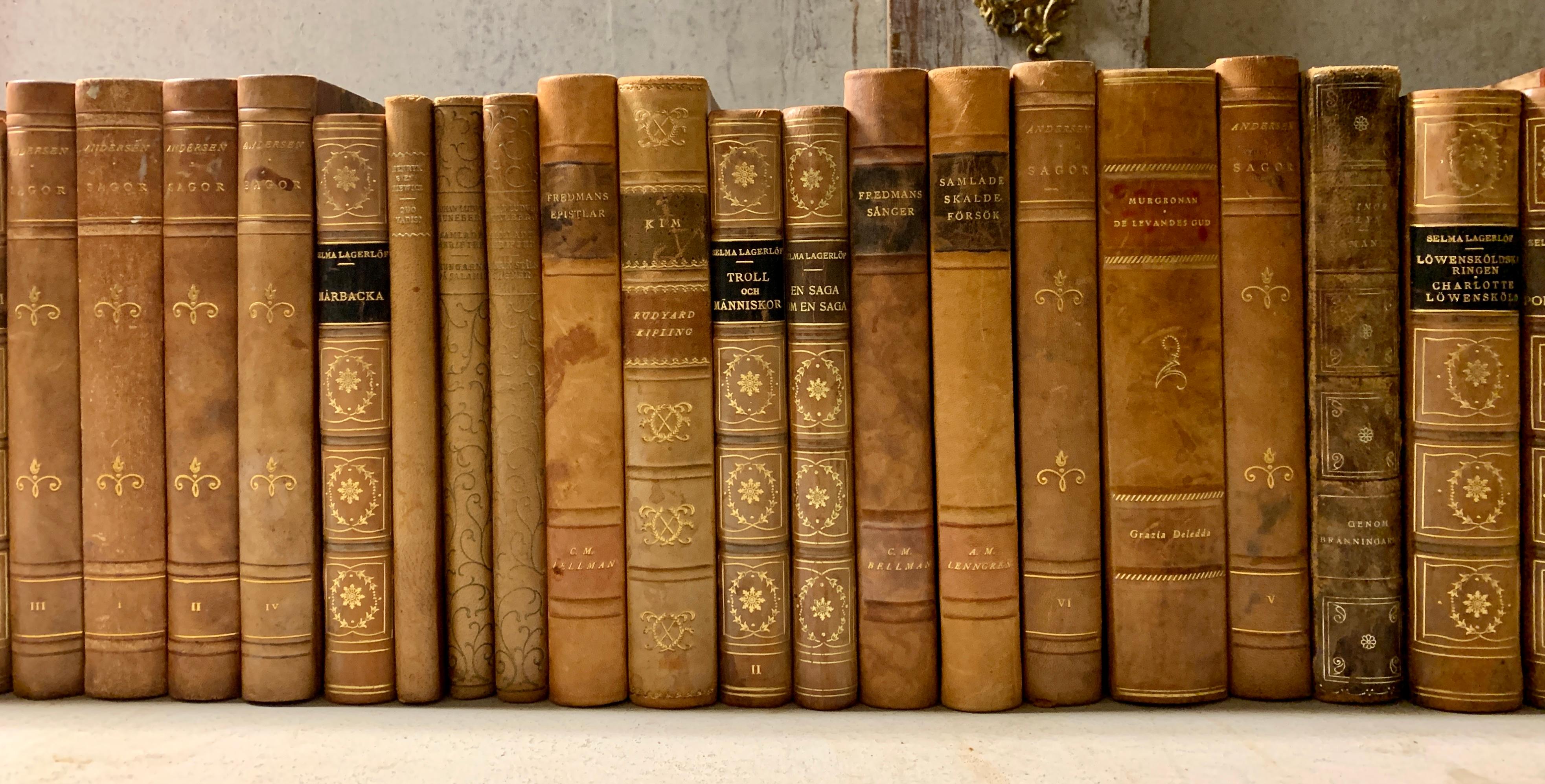 Collection of 47 Swedish 20th Century Leather-Bound Books In Good Condition For Sale In Haddonfield, NJ