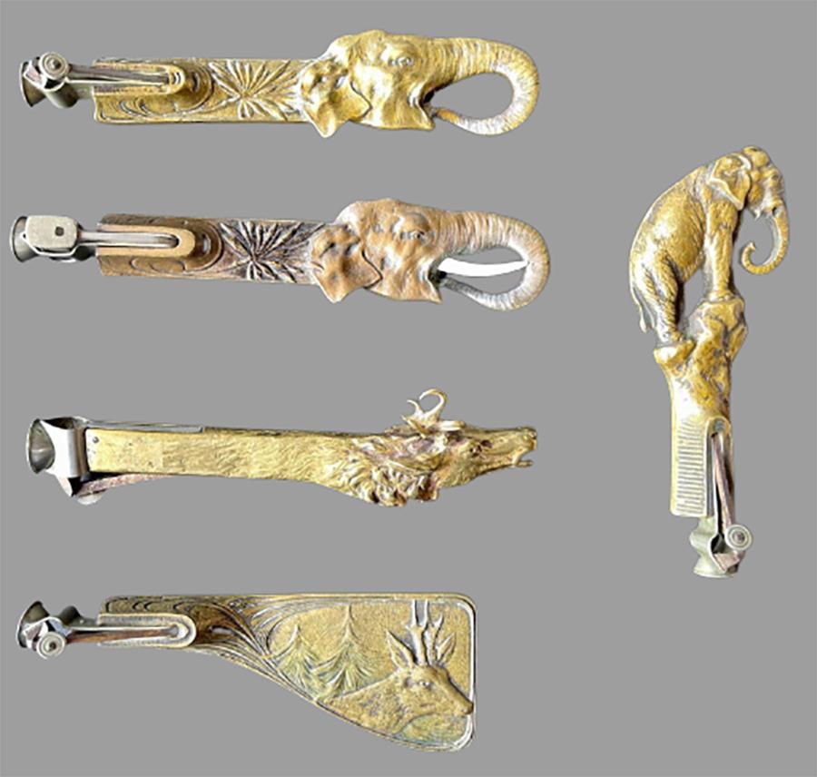 Collection of 5 antique metal cigar cutters from the Jerry Terranova Estate including two deer and three elephants. Direct from the estate of the world’s most renowned cigar memorabilia collector Jerry Terranova, author of 