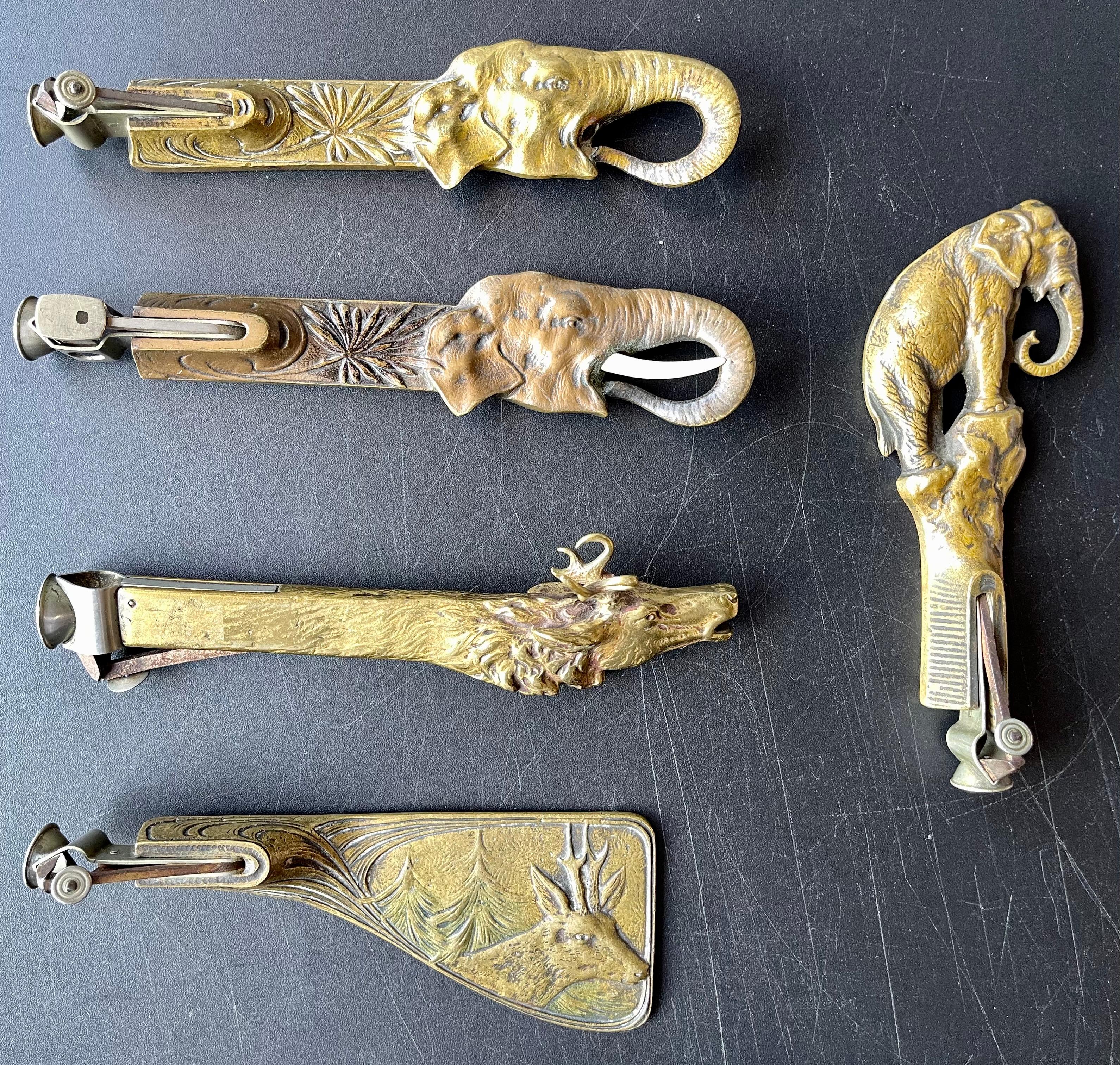 Arts and Crafts Collection of 5 Antique Metal Cigar Cutters Deer and Elephants
