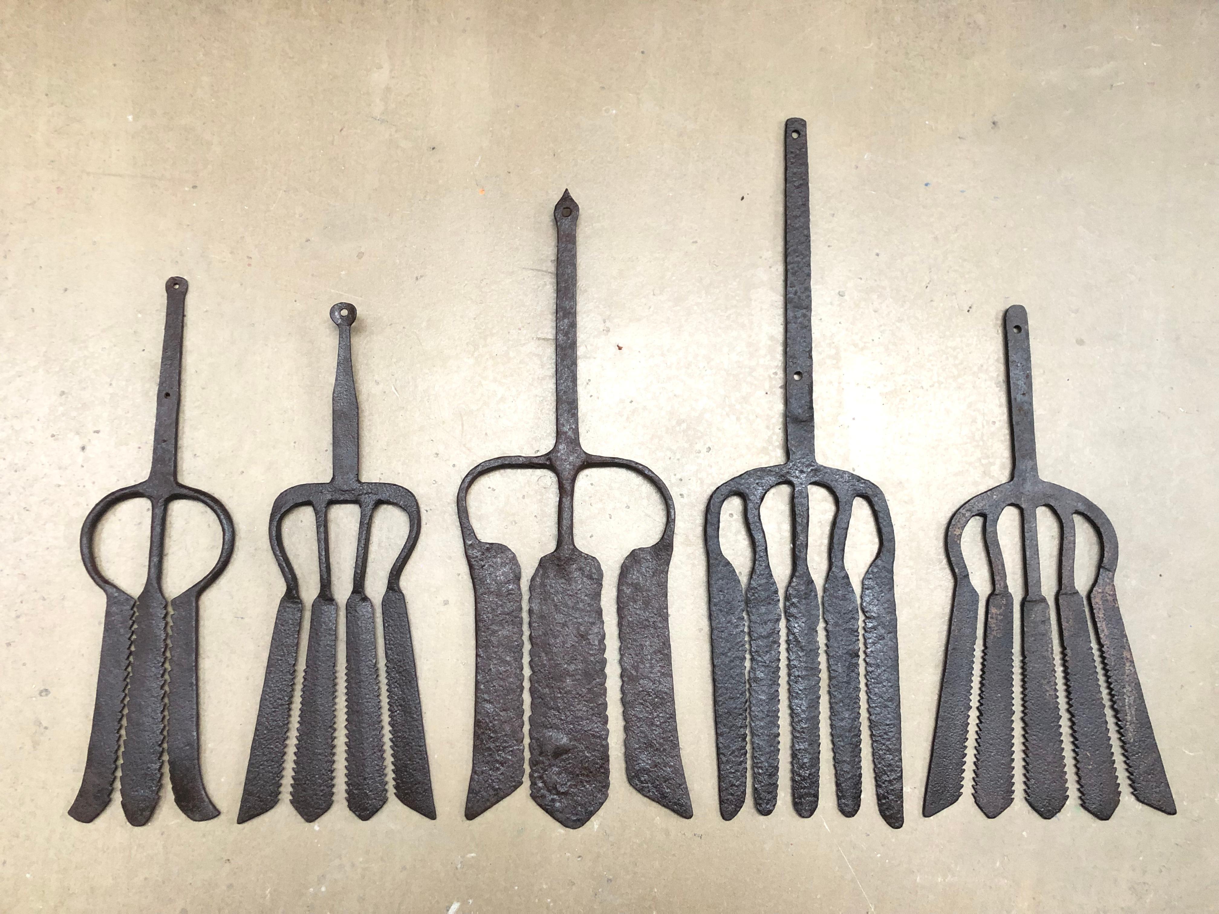 A collection of 5 wrought iron eel forks from the 18th century. 
Extremely decorative and each one unique. 
Each one is a work of art. 
Sizes vary from 41 cm to 58 cm. 
Would look amazing in a fish restaurant, bar, club or even in your home.
In