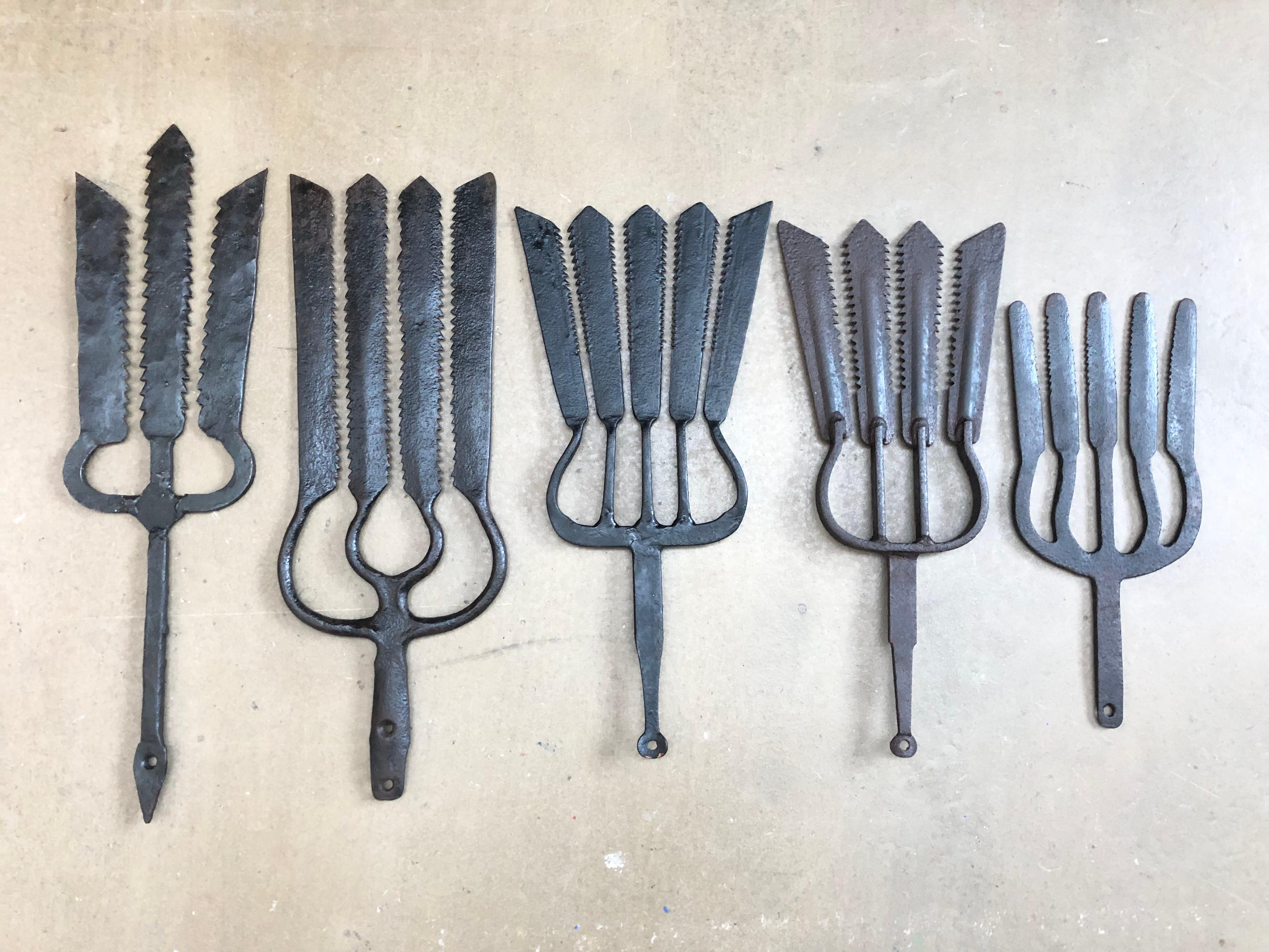 A collection of 5 wrought iron eel forks from the 18th century. 
Extremely decorative and each one unique. 
Each one is a work of art. 
Sizes vary from 38 cm to 50 cm. 
Would look amazing in a fish restaurant, bar, club or even in your home.
In 2009
