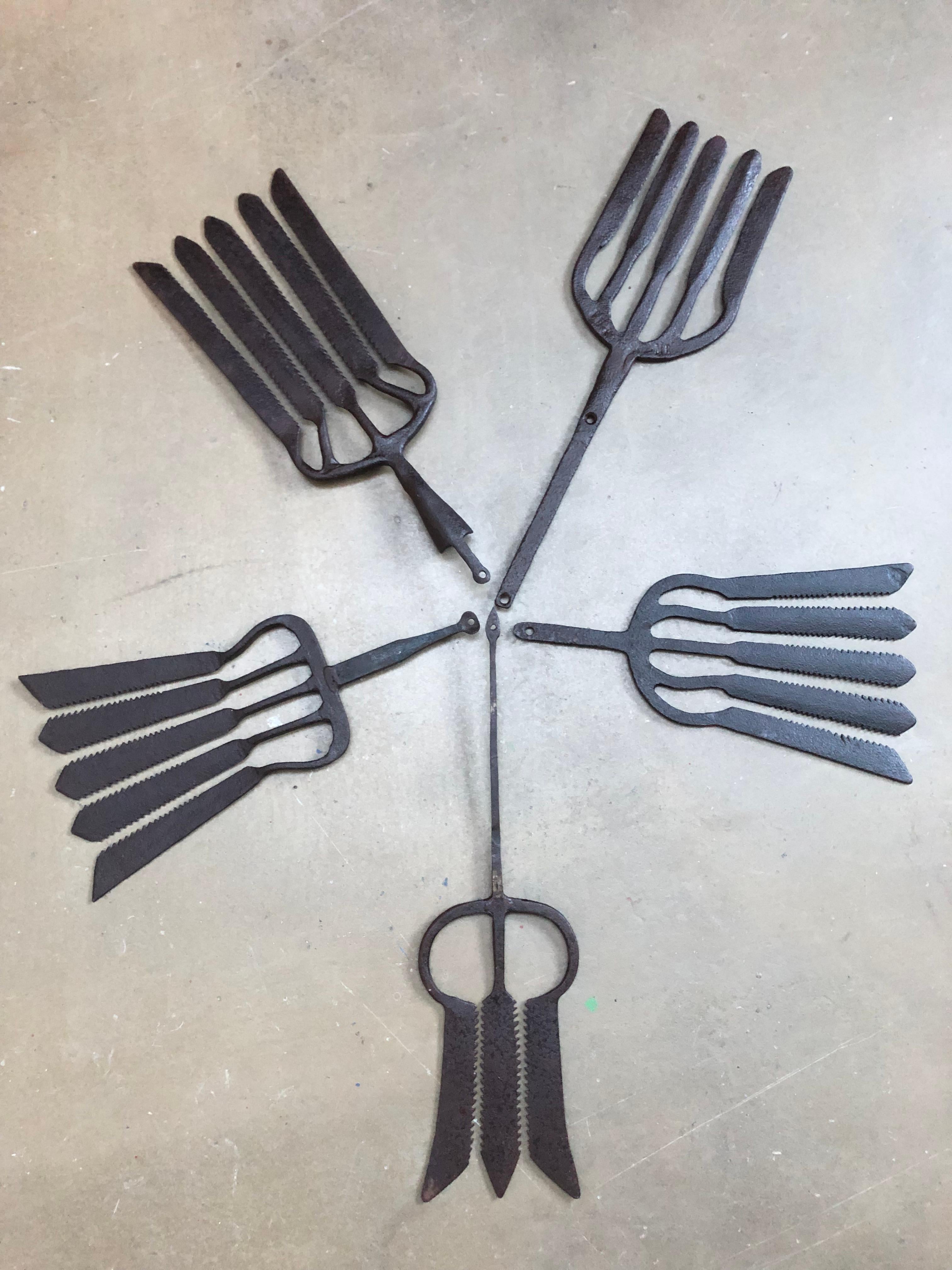A collection of 5 wrought iron eel forks from the 18th century. 
Extremely decorative and each one unique. 
Each one is a work of art. 
Sizes vary from 52 cm to 37 cm. 
Would look amazing in a fish restaurant, bar, club or even in your home.
In 2009