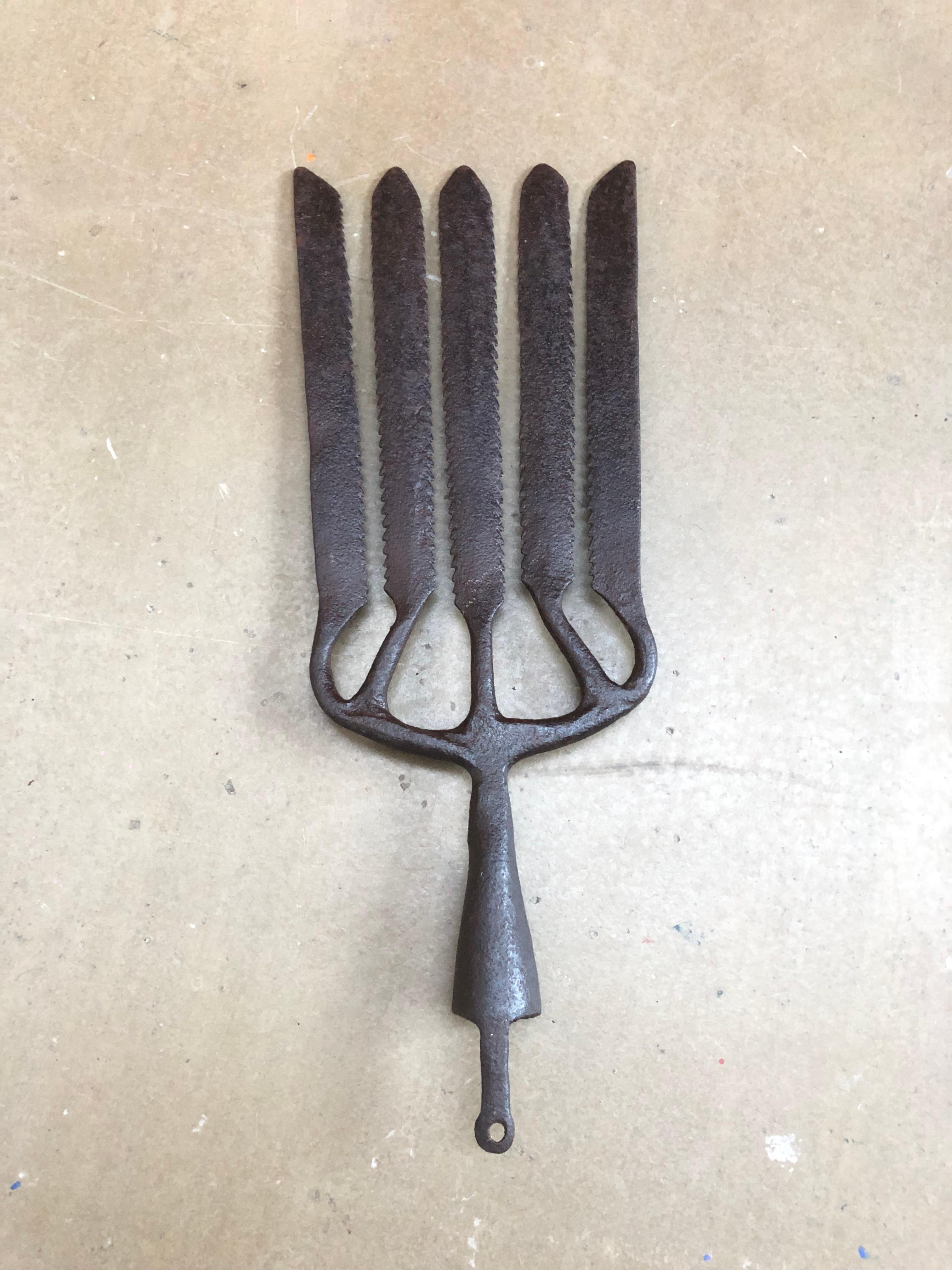 Folk Art Collection of 5 Antique Wrought Iron Eel Forks For Sale