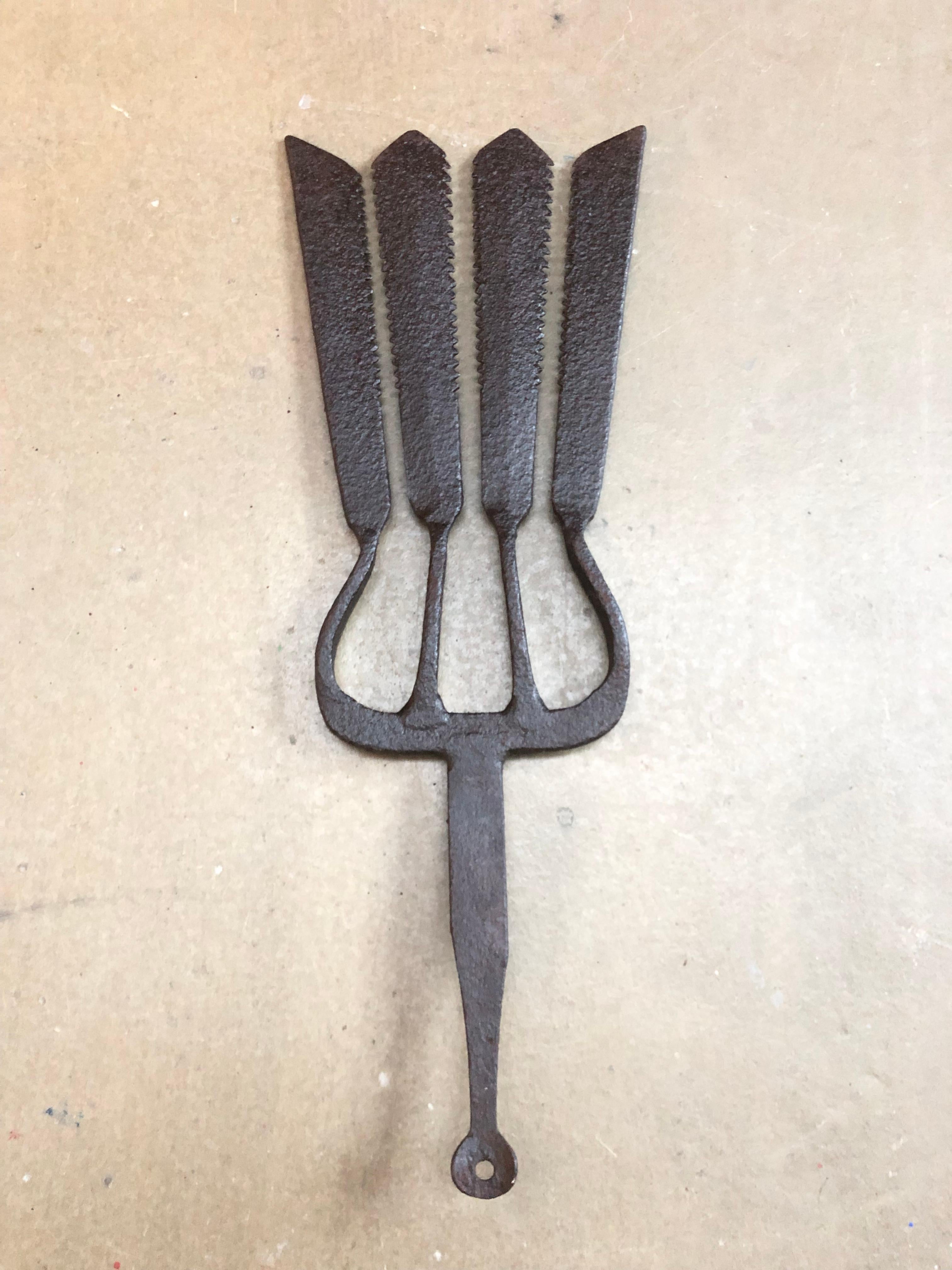 Folk Art Collection of 5 Antique Wrought Iron Eel Forks For Sale