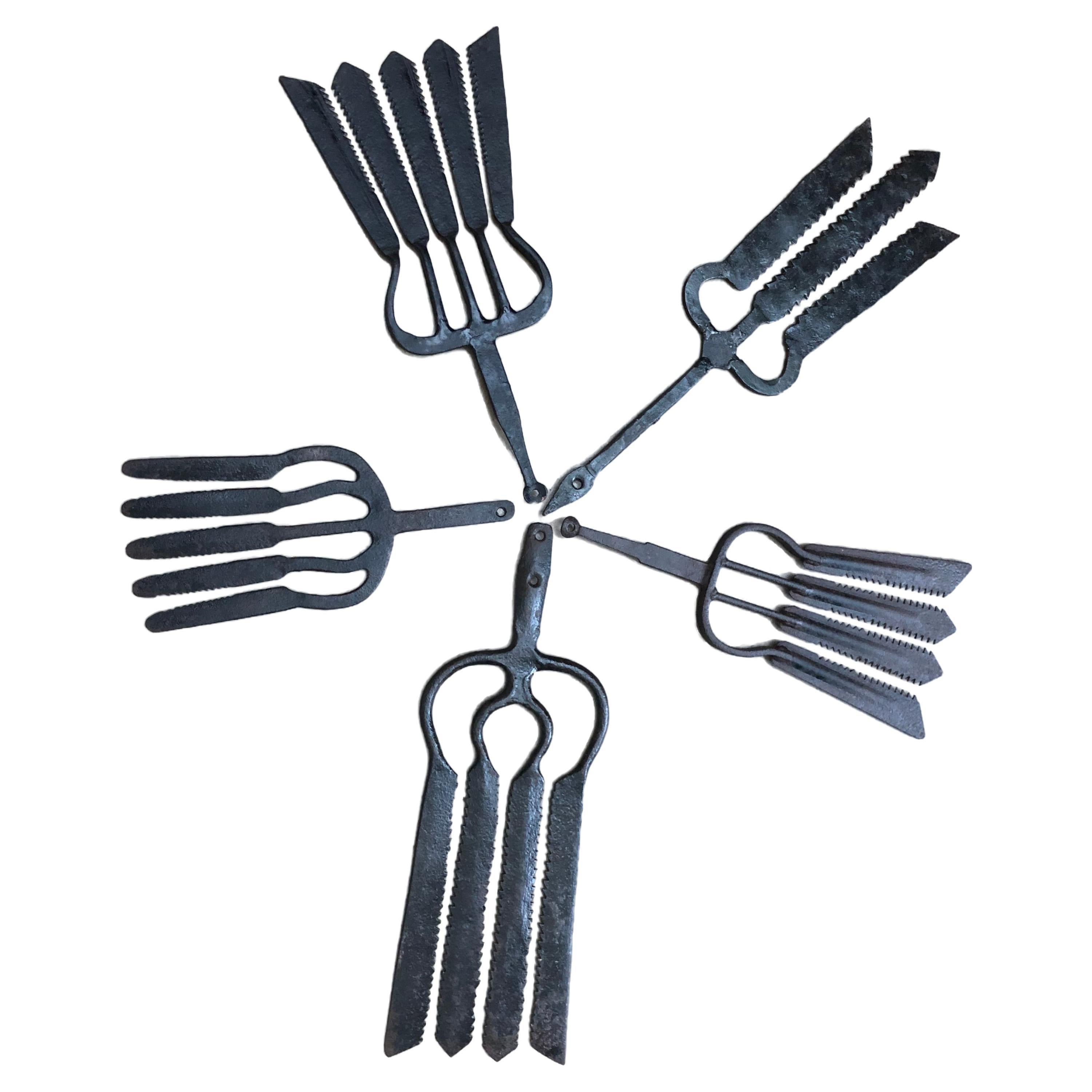 Collection of 5 Antique Wrought Iron Eel Forks For Sale