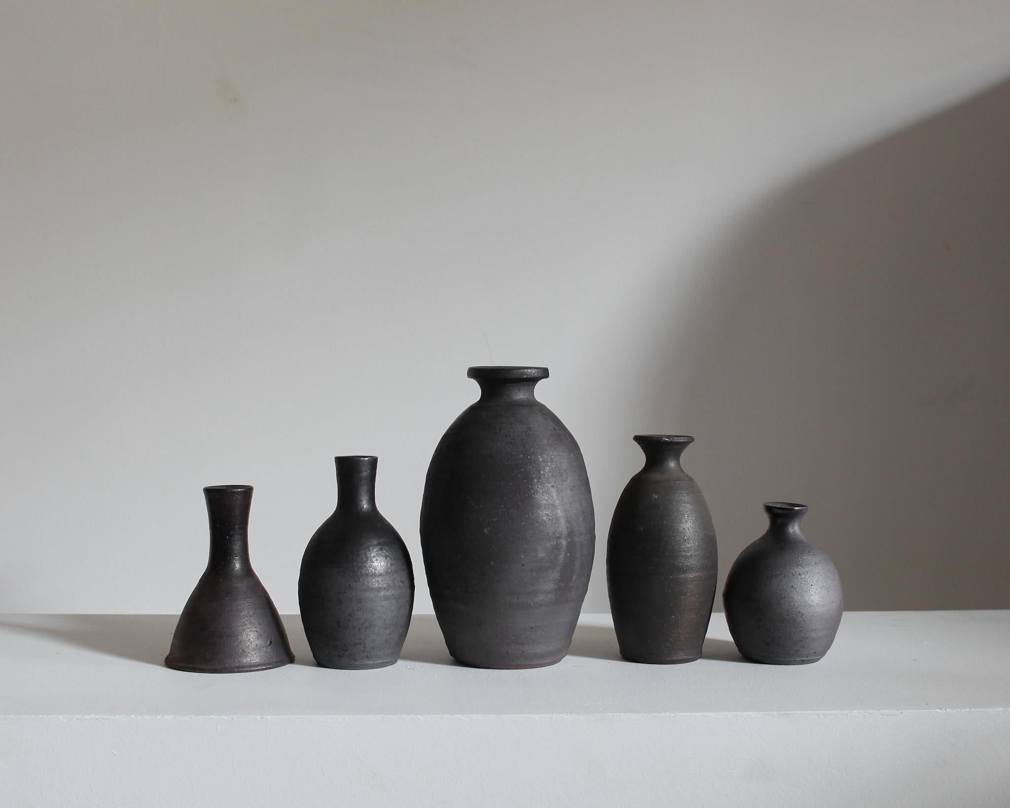 Ceramic Collection of 5 C.1960s Japanese Wabi Sabi Blackened Mashiko Vessels (10) For Sale