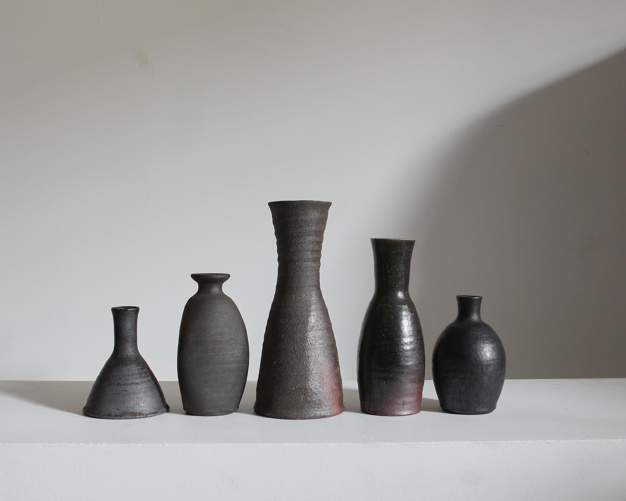 Ceramic Collection of 5 C.1960s Japanese Wabi Sabi Blackened Mashiko Vessels (9) For Sale