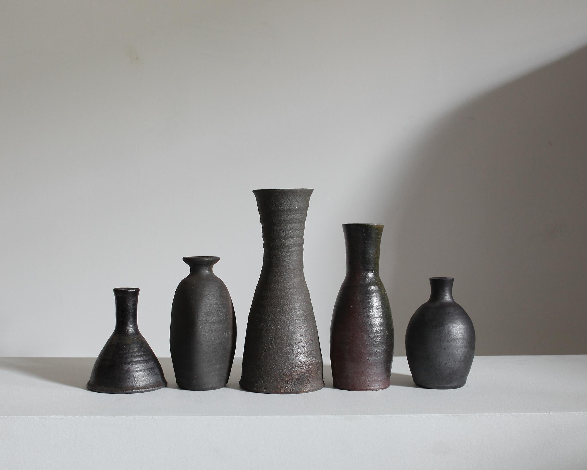 Collection of 5 C.1960s Japanese Wabi Sabi Blackened Mashiko Vessels (9) For Sale 2