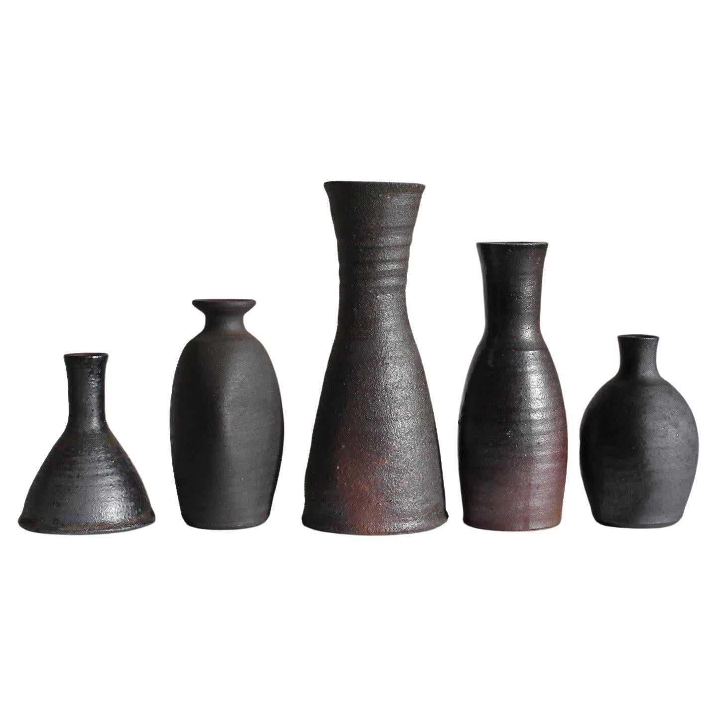 Collection of 5 C.1960s Japanese Wabi Sabi Blackened Mashiko Vessels (9) For Sale