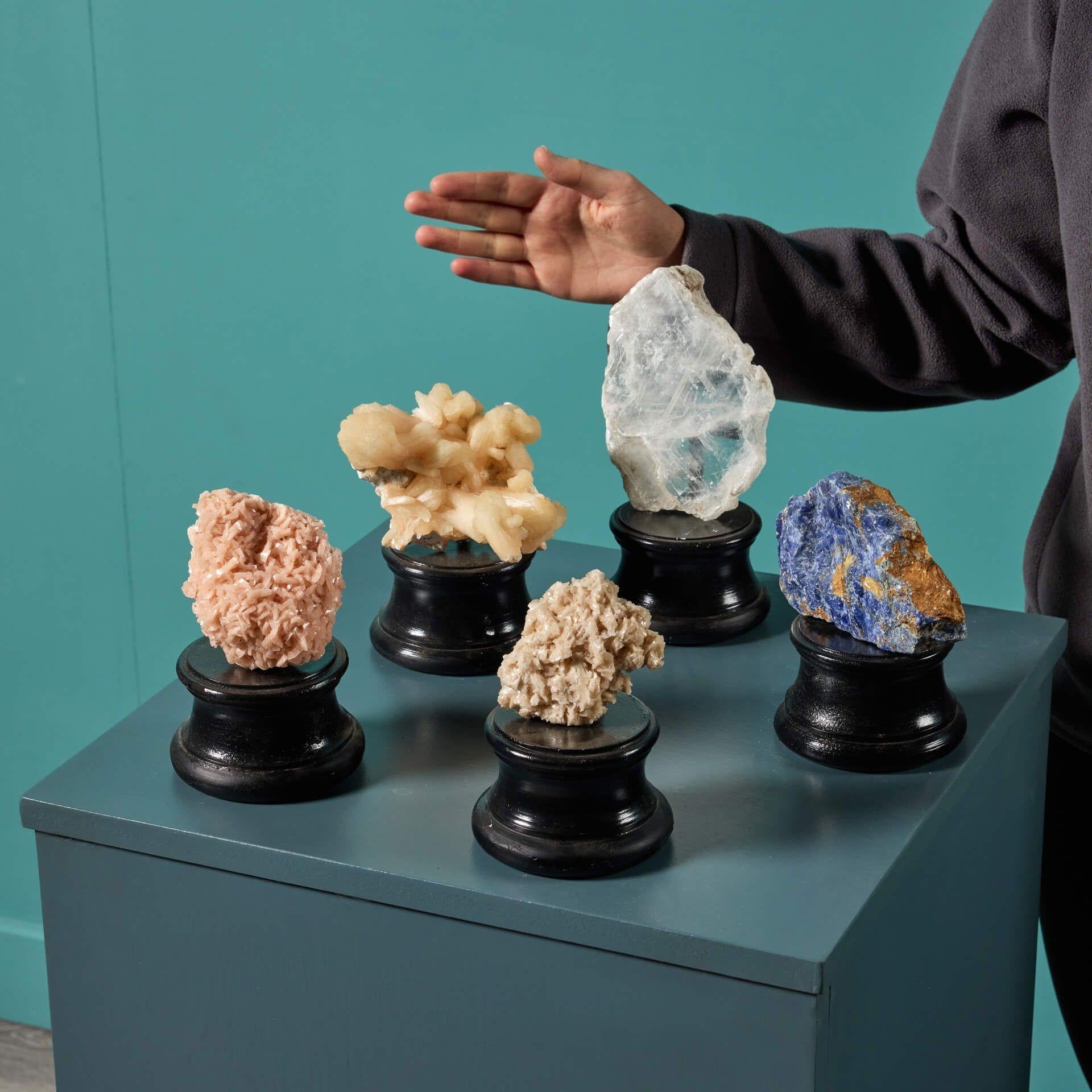 A varied and fascinating collection of 5 natural mineral specimens, each presented on an exclusive small painted plaster plinth.

Ex. private British collection, this group contains a range of impressive cabinet specimens, some with original labels