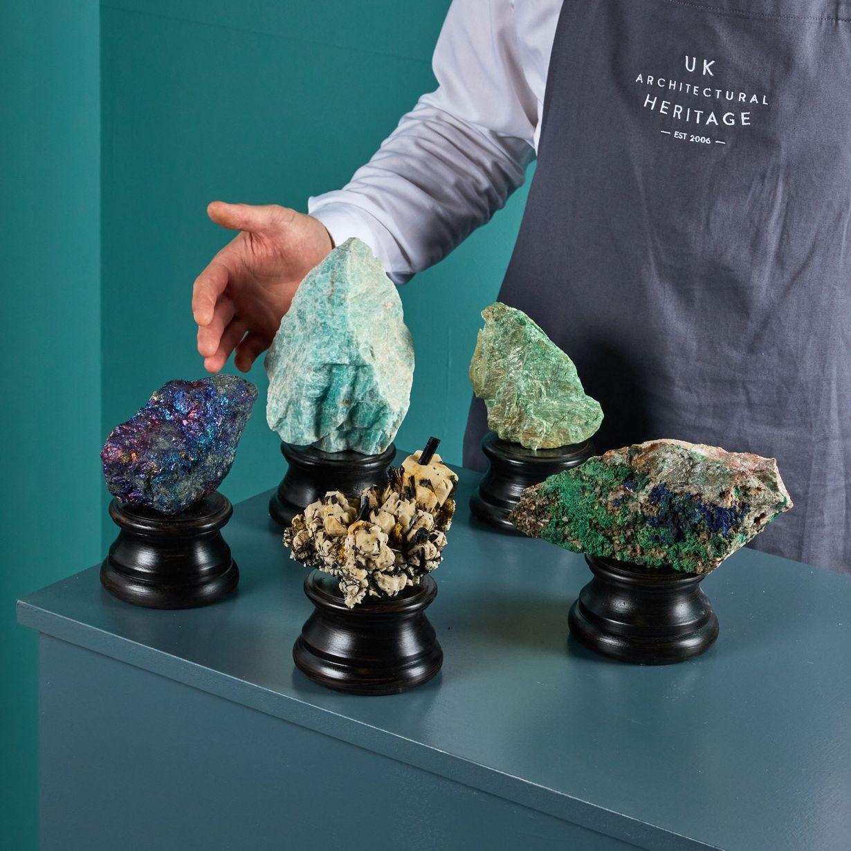 An impressive and varied collection of 5 natural mineral specimens.

Each presented on exclusive custom display plinths, this set are a range of outstanding large cabinet specimens formed over millions of years, each with their own impressive