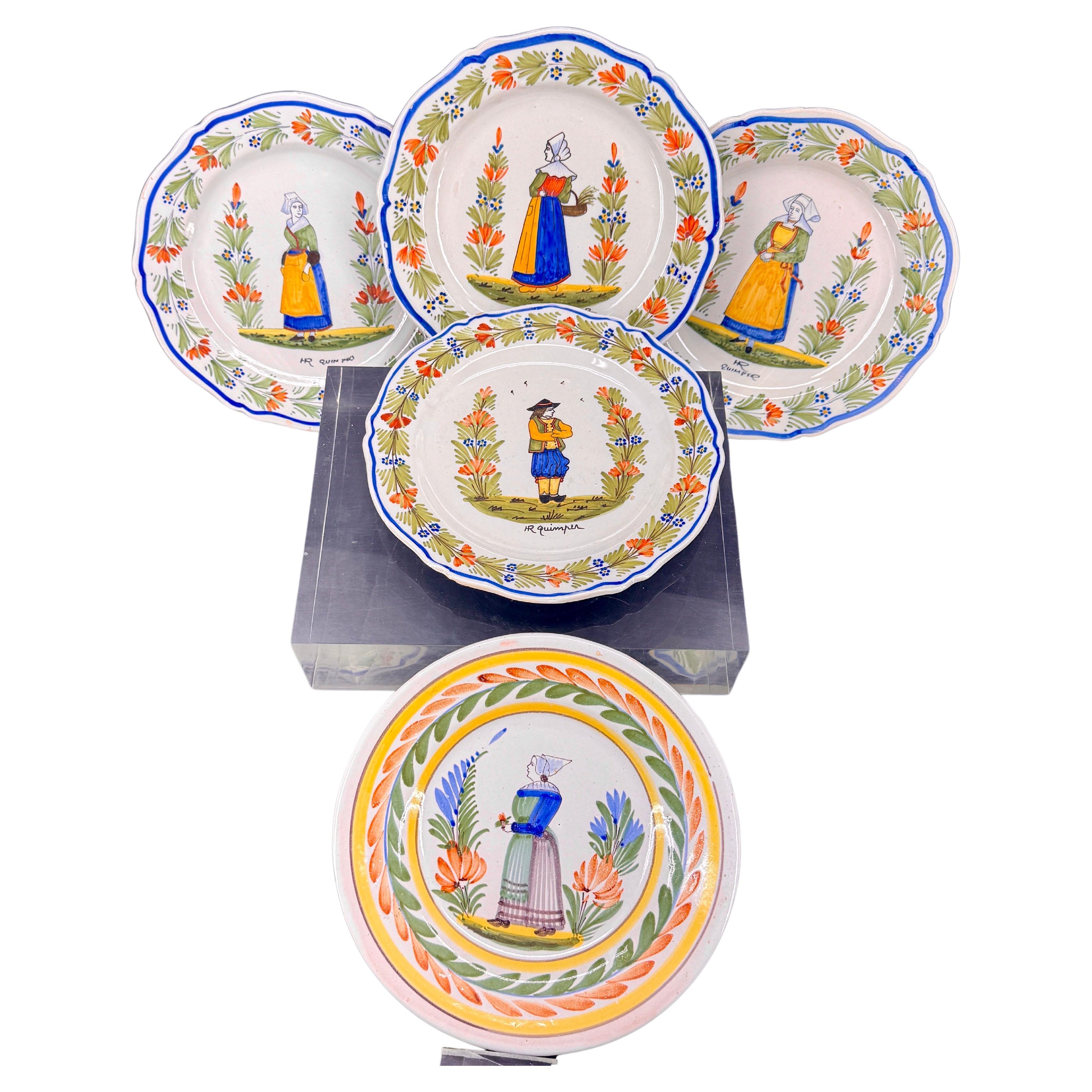 Collection of 5 French Quimper Faience Plates For Sale